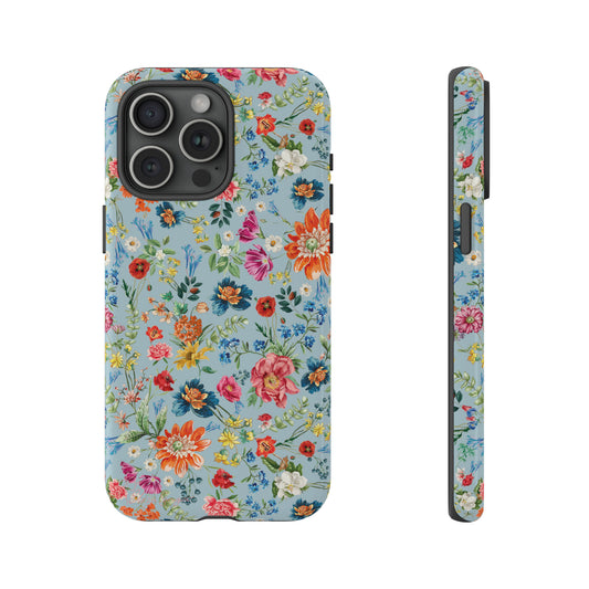 Blossom in Color: Wildflower Floral Colorful Design iPhone Tough Protective Cover. Vibrant flowers in Turquoise and Pink, compatible with iPhone 15, 14, 13, XS, XR Pro/Max/Mini/P/Plus. Embrace Nature's Palette with Style and Durability. #ElizaSinger #PhoneCase #FloralDesign