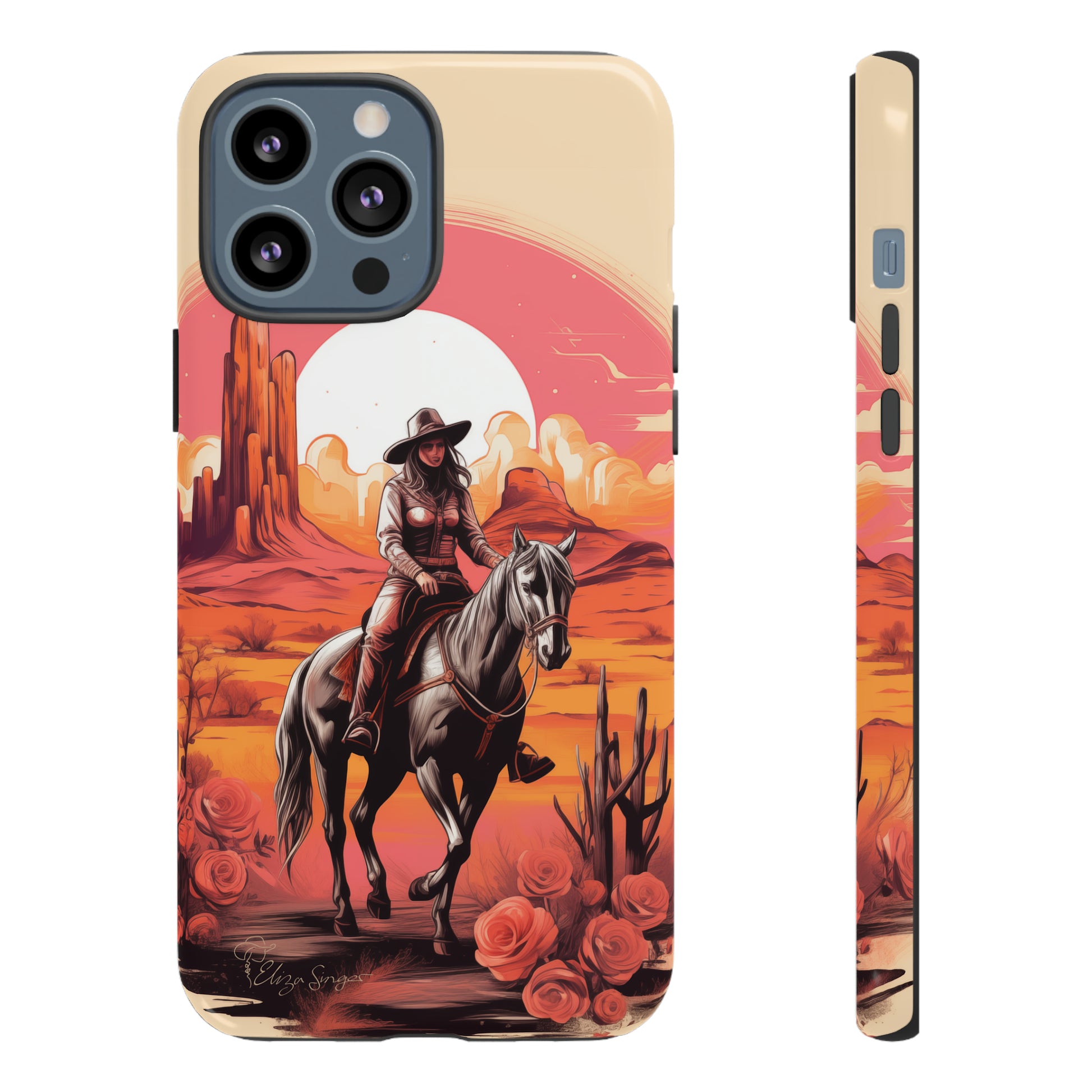 Feminine Adventure Unleashed: Introducing our Tough Western Cell Phone Case, adorned with a stunning design of a cowgirl riding a horse through the desert, surrounded by shades of coral. This unique edition seamlessly combines rugged protection with a touch of feminine flair. Elevate your style with a dash of adventurous charm. #ElizaSinger #PhoneCase #FeminineAdventure 