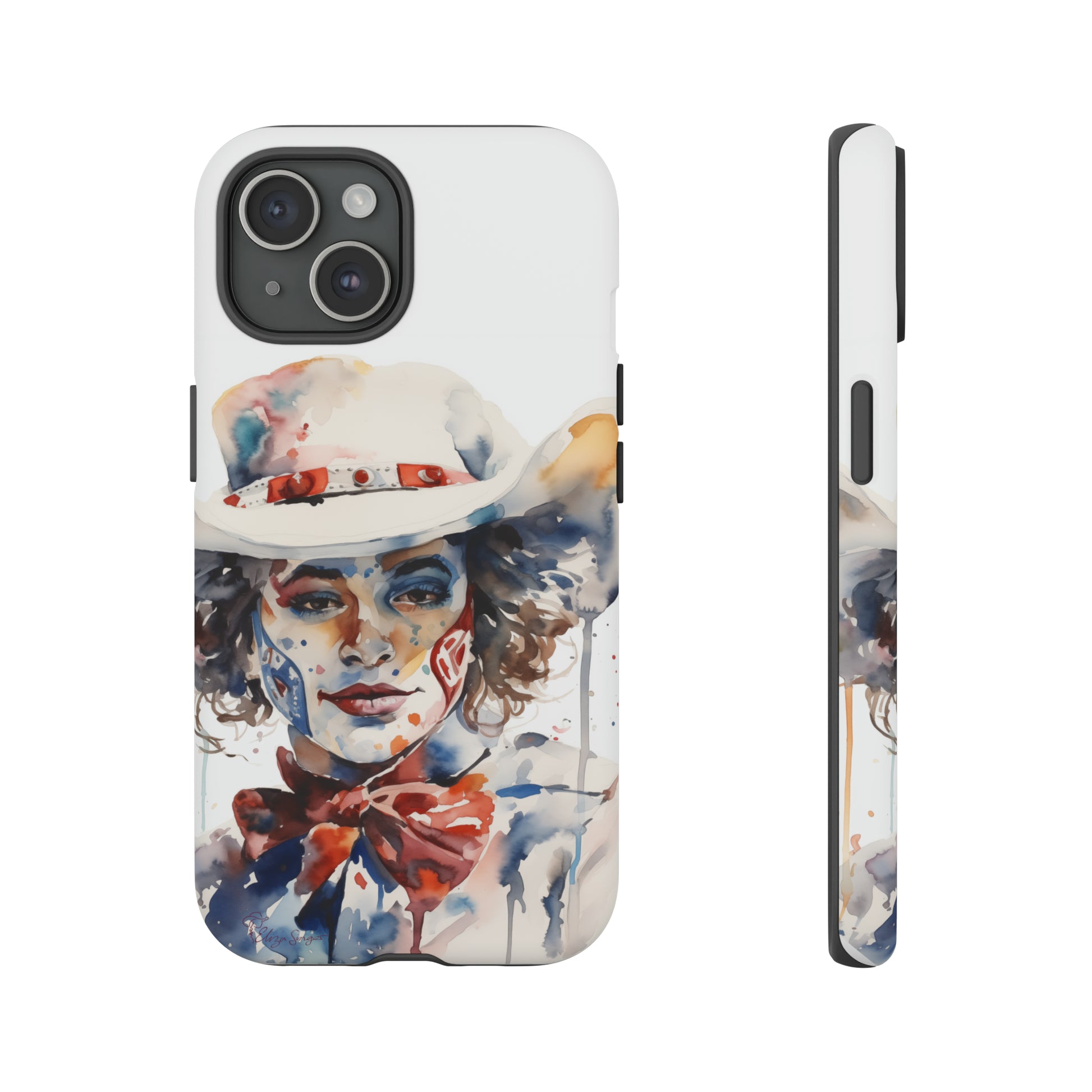Presenting our Tough Western Cell Phone Case: Rodeo Clown Watercolor Gal Edition! This one-of-a-kind design showcases a vibrant watercolor portrayal of a woman as a rodeo clown on a white background. Enjoy the fusion of artistry and robust phone protection.