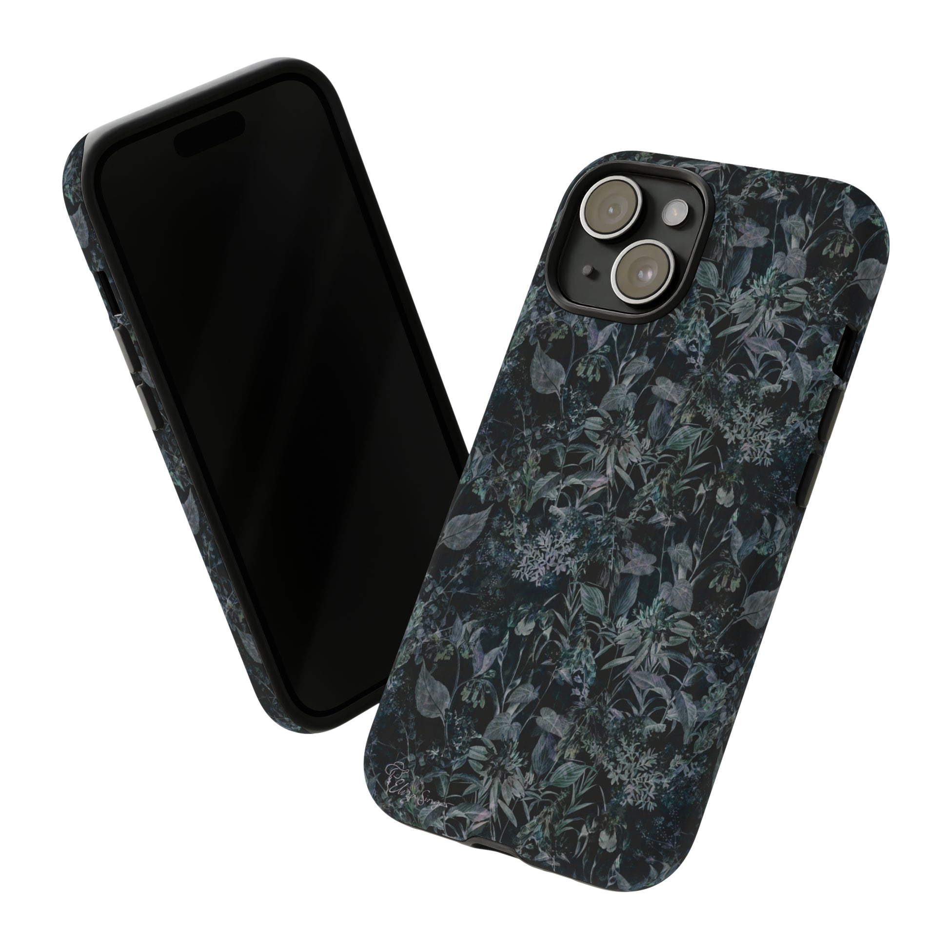 Blossom in Style: Botany Floral Dark Flowers Blue Denim iPhone Tough Protective Cover. This case features a Flower and Muted Grey Design, compatible with iPhone 15, 14, 13, XS, XR Pro/Max/Mini/P/Plus. Unleash Nature's Beauty with Style and Durability. #ElizaSinger #PhoneCase #FloralDesign