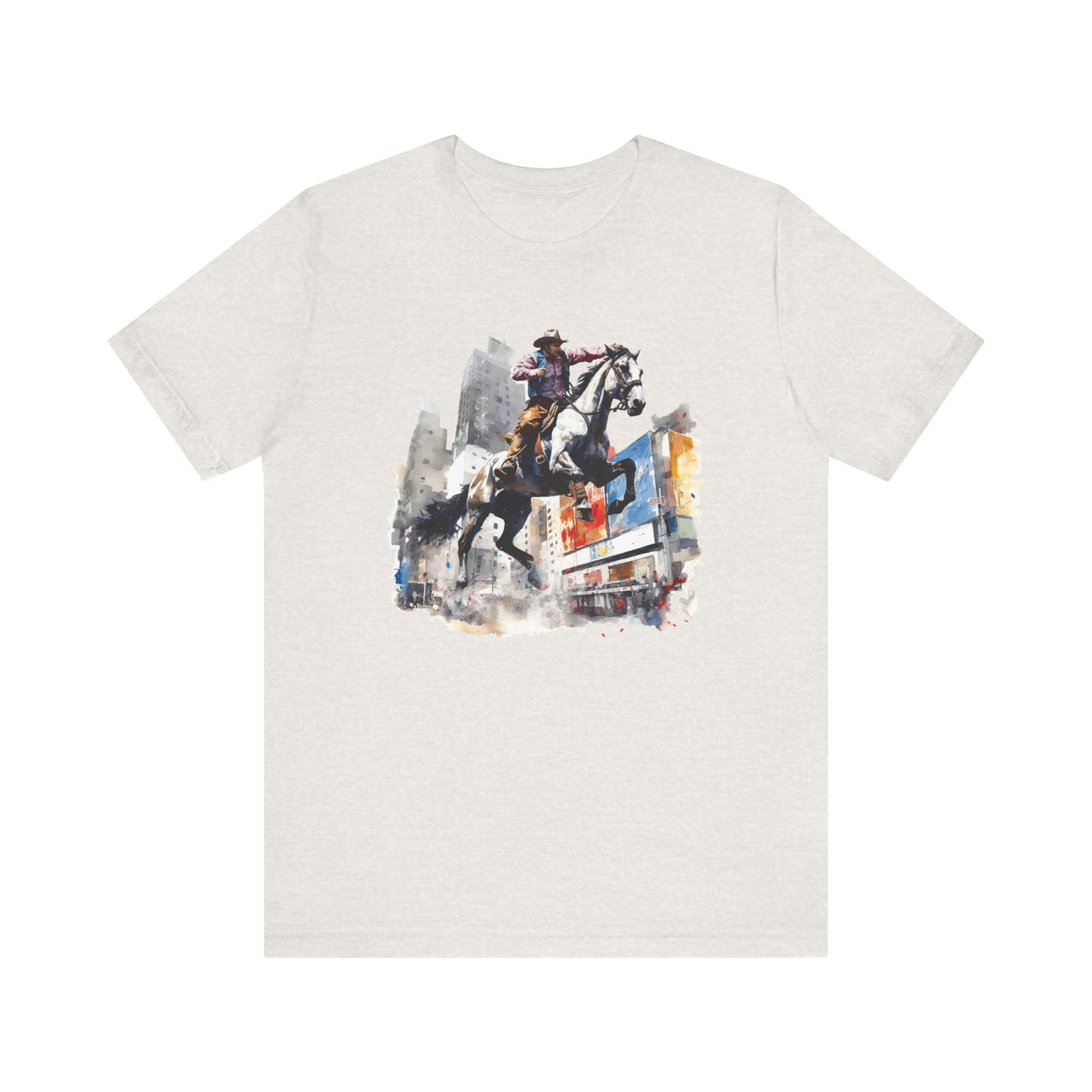City Rodeo: Bella Canvas T-shirt with Cowboy in Urban Landscape