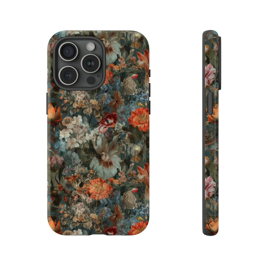 Blooms in Shadows: Botany Floral Dark Flowers iPhone Tough Protective Cover. A captivating blend of Flowers in muted colors, compatible with iPhone 15, 14, 13, XS, XR Pro/Max/Mini/P/Plus. Unleash Nature's Elegance with Durability and Style. #ElizaSinger #PhoneCase #FloralDesign