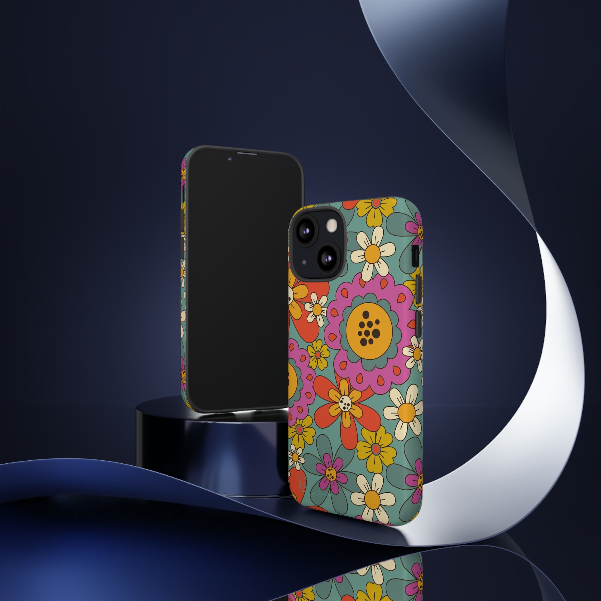 Step into the Groove: Groovy Hippie Hippy Design iPhone Tough Protective Cover. A nod to the 60's with Daisy Design in Turquoise and Pink. Compatible with iPhone 15, 14, 13, XS, XR Pro/Max/Mini/P/Plus. Embrace Retro Vibes with Style and Durability. #ElizaSinger #PhoneCase #GroovyDesign 