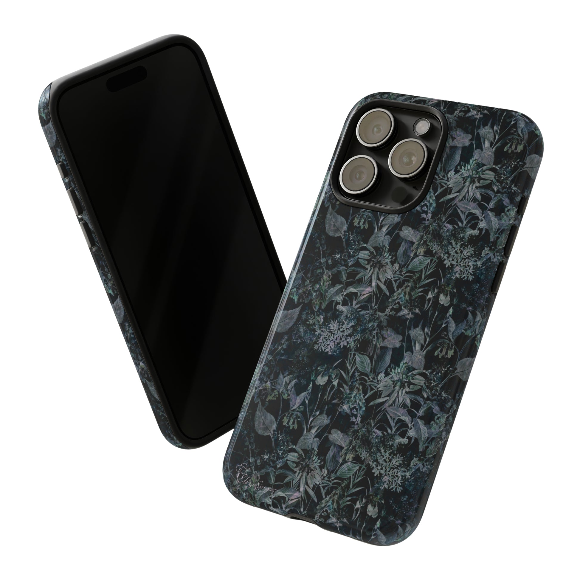 Blossom in Style: Botany Floral Dark Flowers Blue Denim iPhone Tough Protective Cover. This case features a Flower and Muted Grey Design, compatible with iPhone 15, 14, 13, XS, XR Pro/Max/Mini/P/Plus. Unleash Nature's Beauty with Style and Durability. #ElizaSinger #PhoneCase #FloralDesign