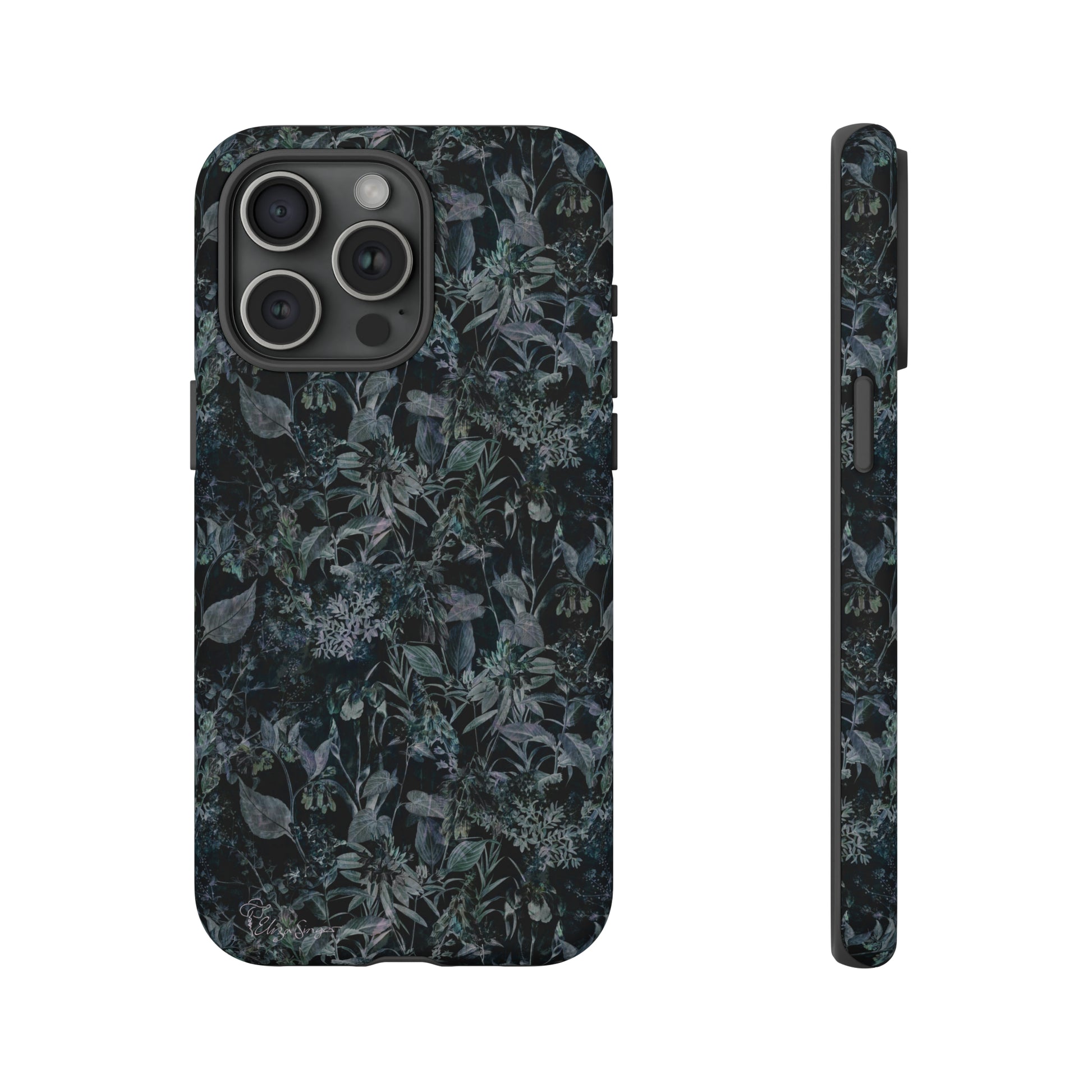 Blossom in Style: Botany Floral Dark Flowers Blue Denim iPhone Tough Protective Cover. This case features a Flower and Muted Grey Design, compatible with iPhone 15, 14, 13, XS, XR Pro/Max/Mini/P/Plus. Unleash Nature's Beauty with Style and Durability. #ElizaSinger #PhoneCase #FloralDesign