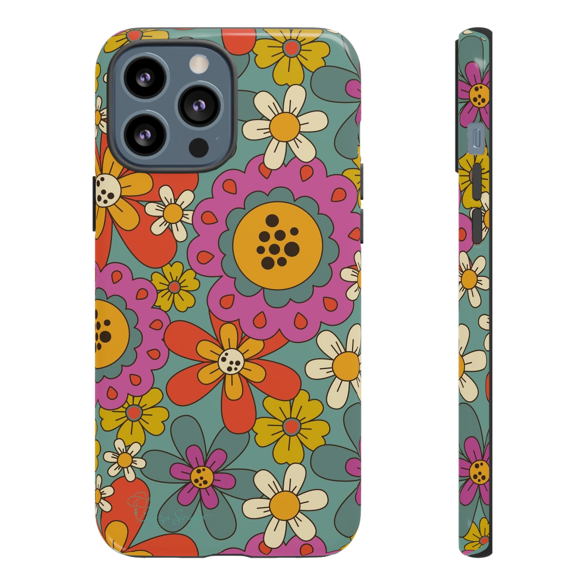 Step into the Groove: Groovy Hippie Hippy Design iPhone Tough Protective Cover. A nod to the 60's with Daisy Design in Turquoise and Pink. Compatible with iPhone 15, 14, 13, XS, XR Pro/Max/Mini/P/Plus. Embrace Retro Vibes with Style and Durability. #ElizaSinger #PhoneCase #GroovyDesign 