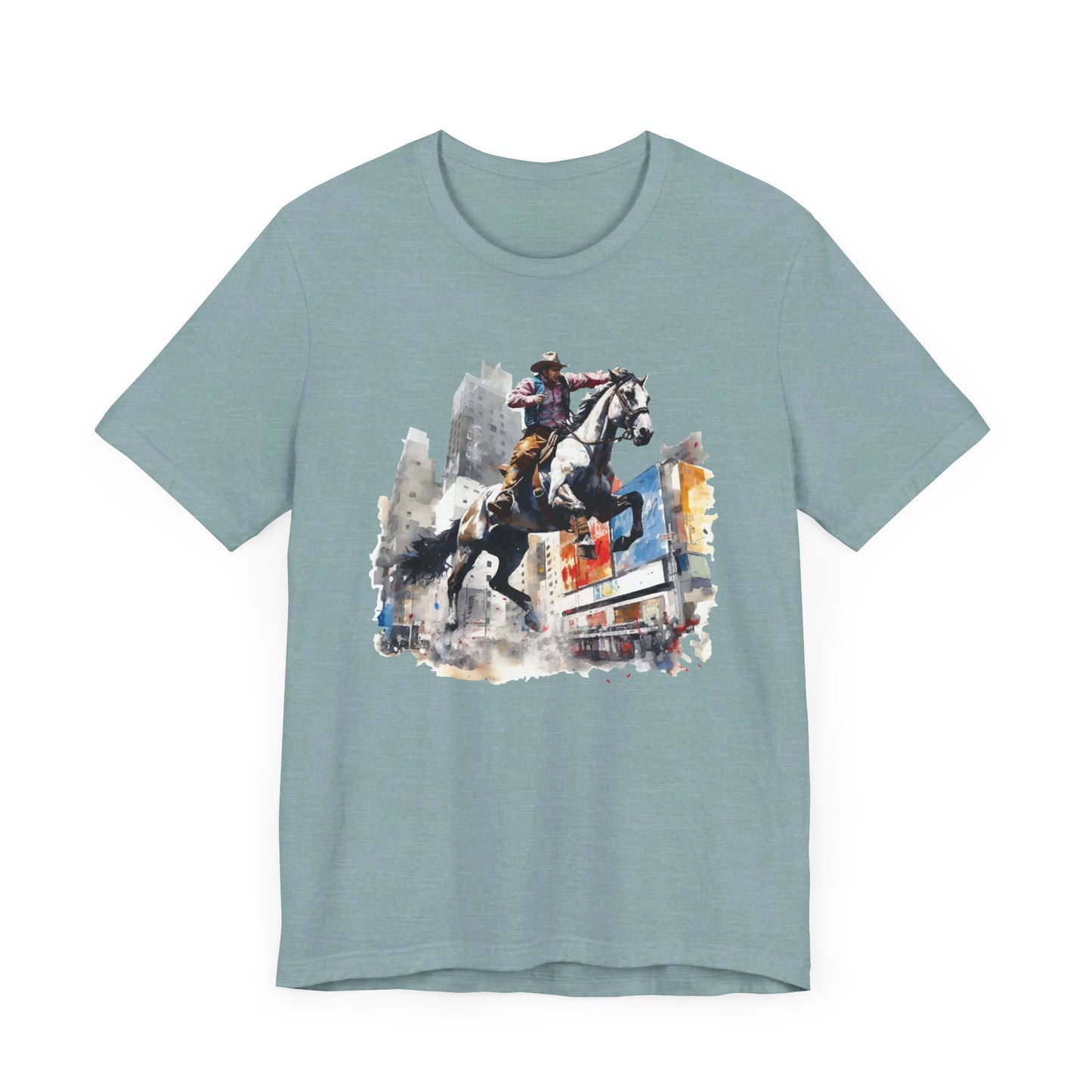 City Rodeo: Bella Canvas T-shirt with Cowboy in Urban Landscape