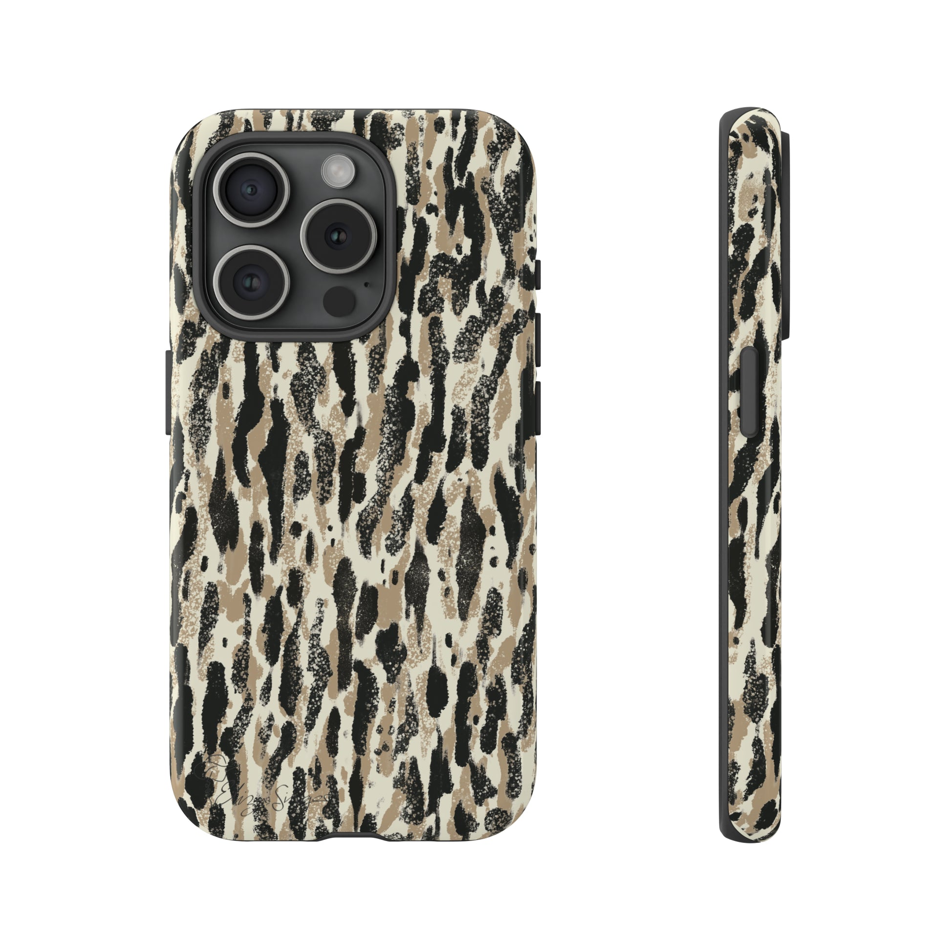 Elevate Your Tech: Abstract Neutral Animal Print iPhone Tough Protective Cover. Leopard-Painted Design in Beige and Black. Compatible with iPhone 15, 14, 13, XS, XR Pro/Max/Mini/P/Plus. Unleash the Wild with Style and Durability. #ElizaSinger #PhoneCase #LeopardPrint 