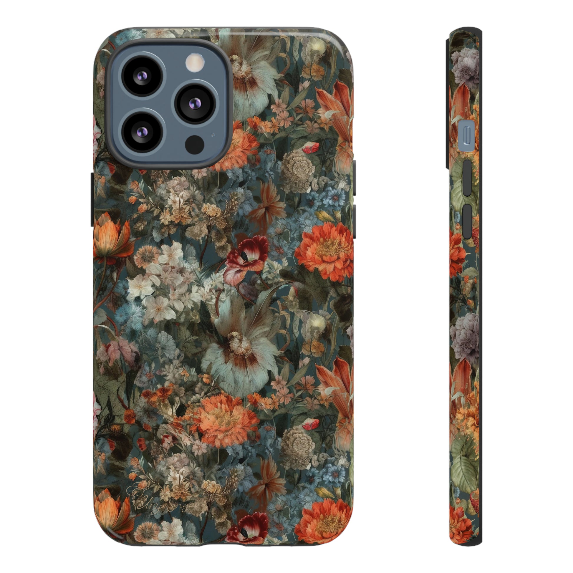 Blooms in Shadows: Botany Floral Dark Flowers iPhone Tough Protective Cover. A captivating blend of Flowers in muted colors, compatible with iPhone 15, 14, 13, XS, XR Pro/Max/Mini/P/Plus. Unleash Nature's Elegance with Durability and Style. #ElizaSinger #PhoneCase #FloralDesign