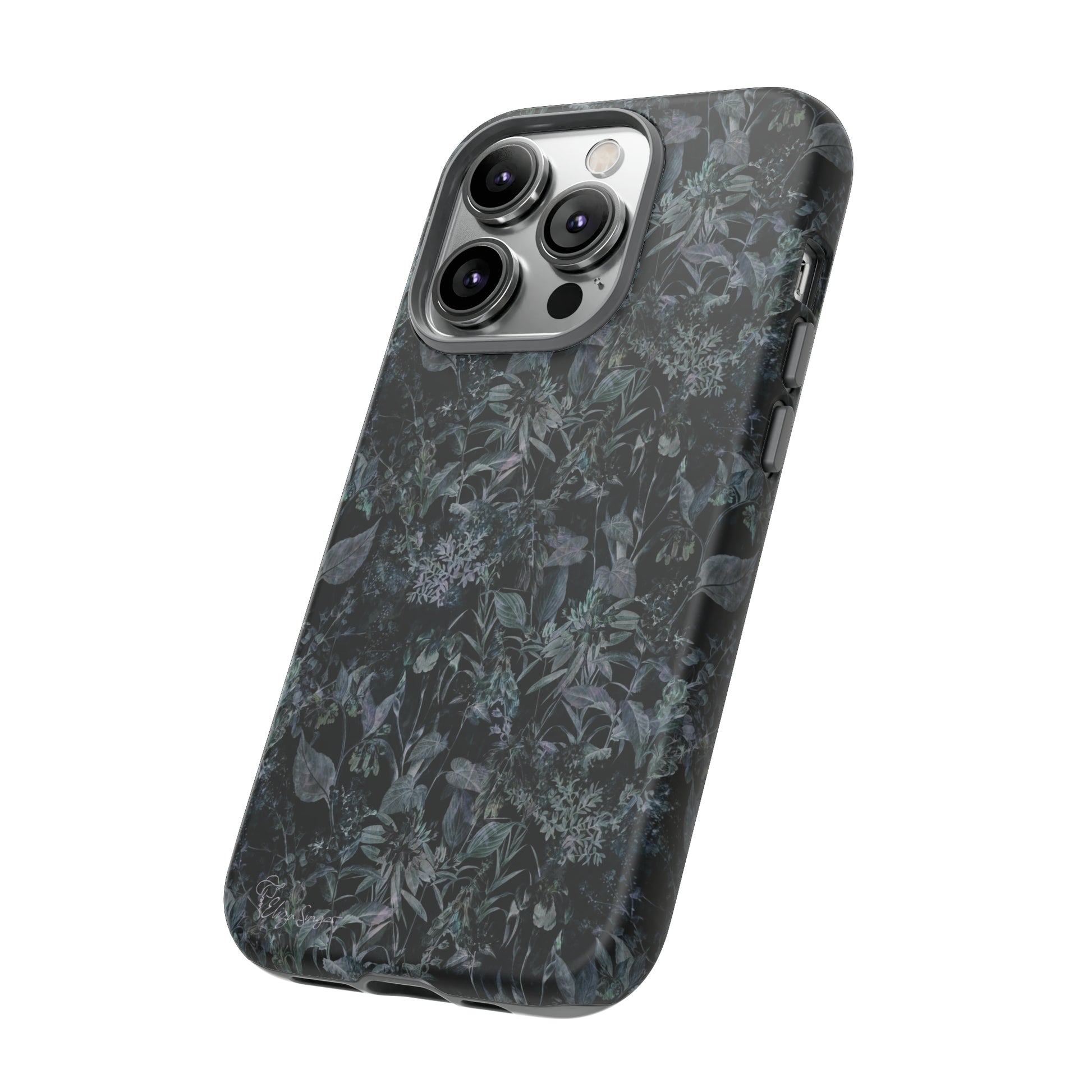 Blossom in Style: Botany Floral Dark Flowers Blue Denim iPhone Tough Protective Cover. This case features a Flower and Muted Grey Design, compatible with iPhone 15, 14, 13, XS, XR Pro/Max/Mini/P/Plus. Unleash Nature's Beauty with Style and Durability. #ElizaSinger #PhoneCase #FloralDesign