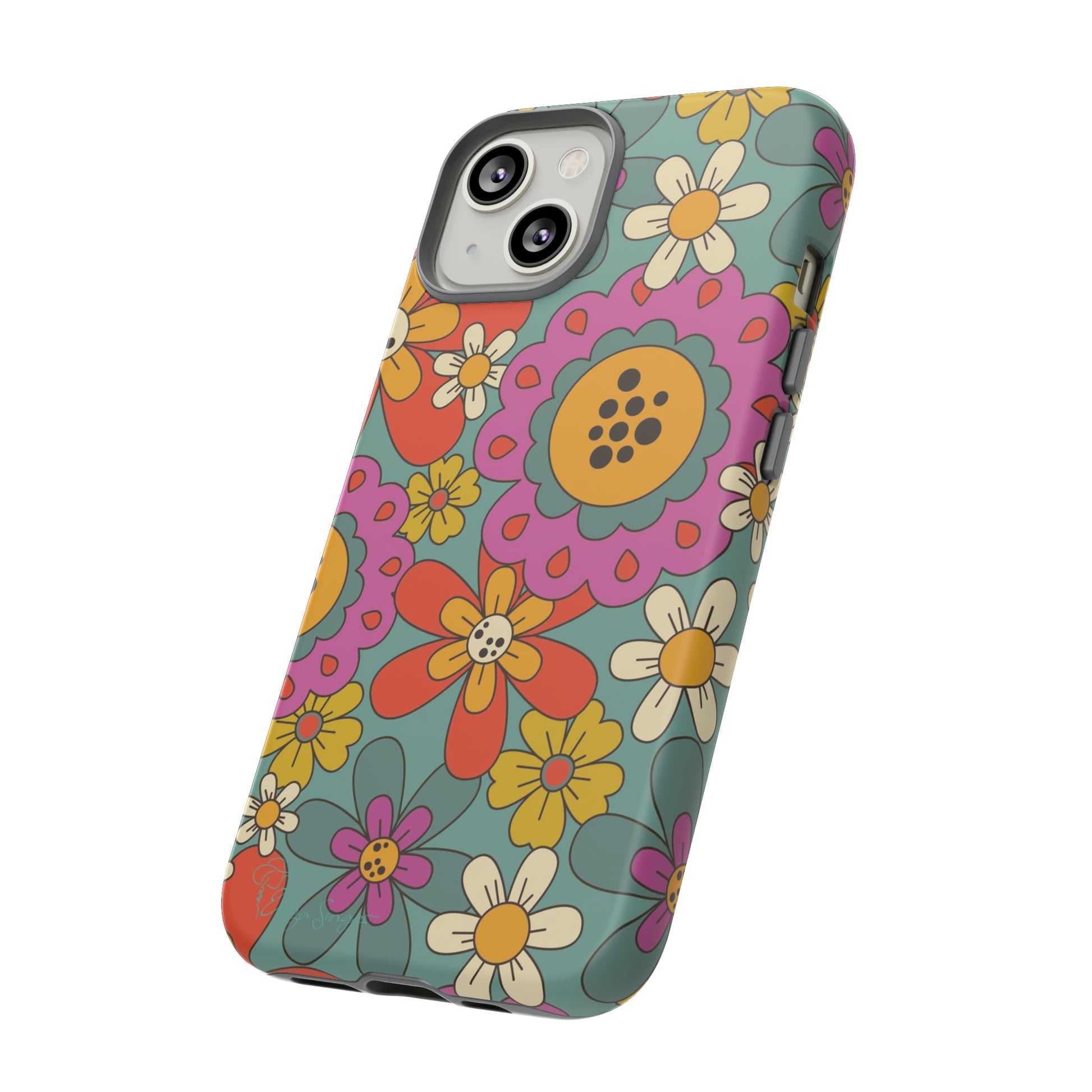 Step into the Groove: Groovy Hippie Hippy Design iPhone Tough Protective Cover. A nod to the 60's with Daisy Design in Turquoise and Pink. Compatible with iPhone 15, 14, 13, XS, XR Pro/Max/Mini/P/Plus. Embrace Retro Vibes with Style and Durability. #ElizaSinger #PhoneCase #GroovyDesign 