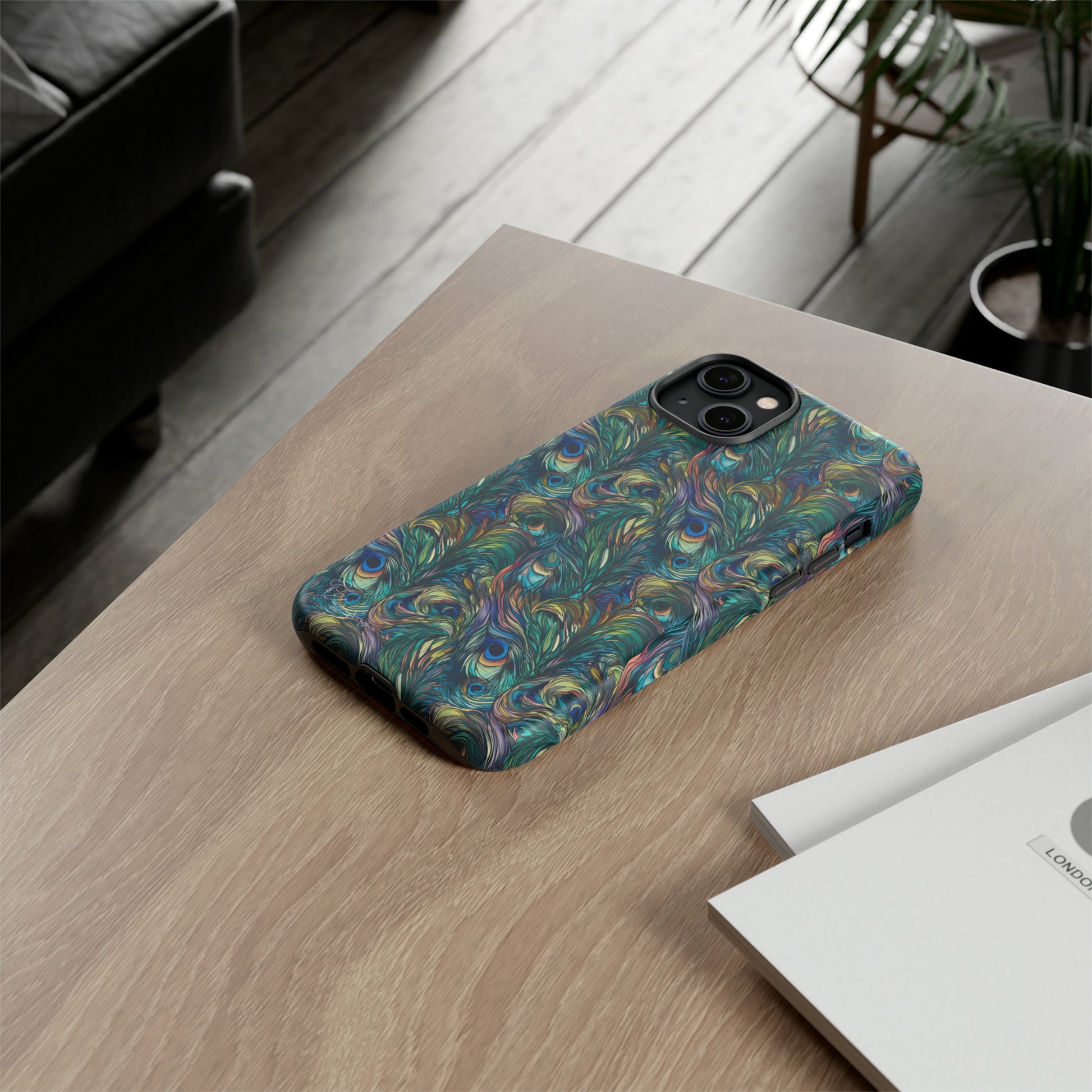 Feathered Elegance: Boho Feather Peacock Vibrant Art iPhone Tough Protective Cover. Adorned with Turquoise Feathers, compatible with iPhone 15, 14, 13, XS, XR Pro/Max/Mini/P/Plus. Embrace Bohemian Vibes with Style and Durability. #ElizaSinger #PhoneCase #BohoFeathers