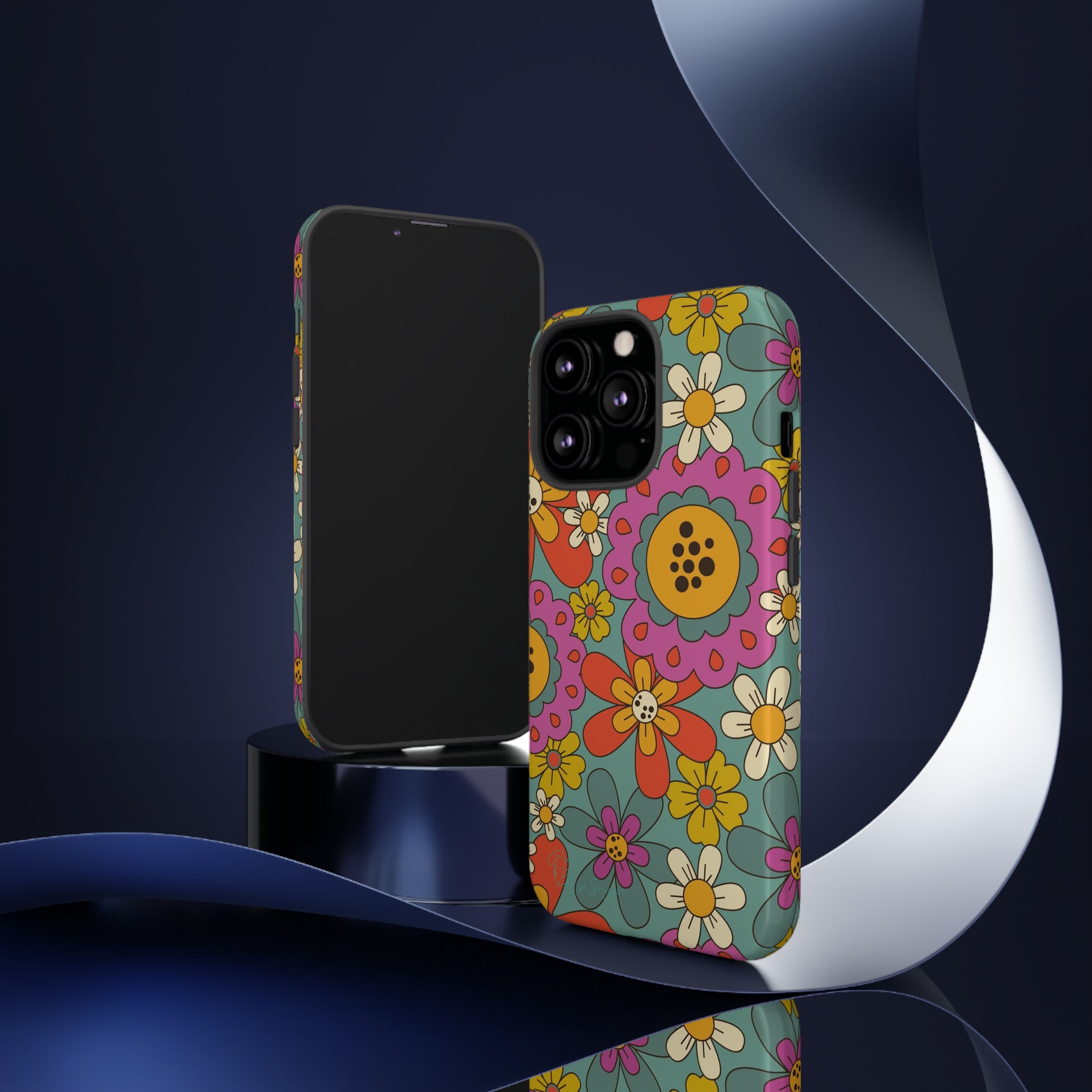 Step into the Groove: Groovy Hippie Hippy Design iPhone Tough Protective Cover. A nod to the 60's with Daisy Design in Turquoise and Pink. Compatible with iPhone 15, 14, 13, XS, XR Pro/Max/Mini/P/Plus. Embrace Retro Vibes with Style and Durability. #ElizaSinger #PhoneCase #GroovyDesign 