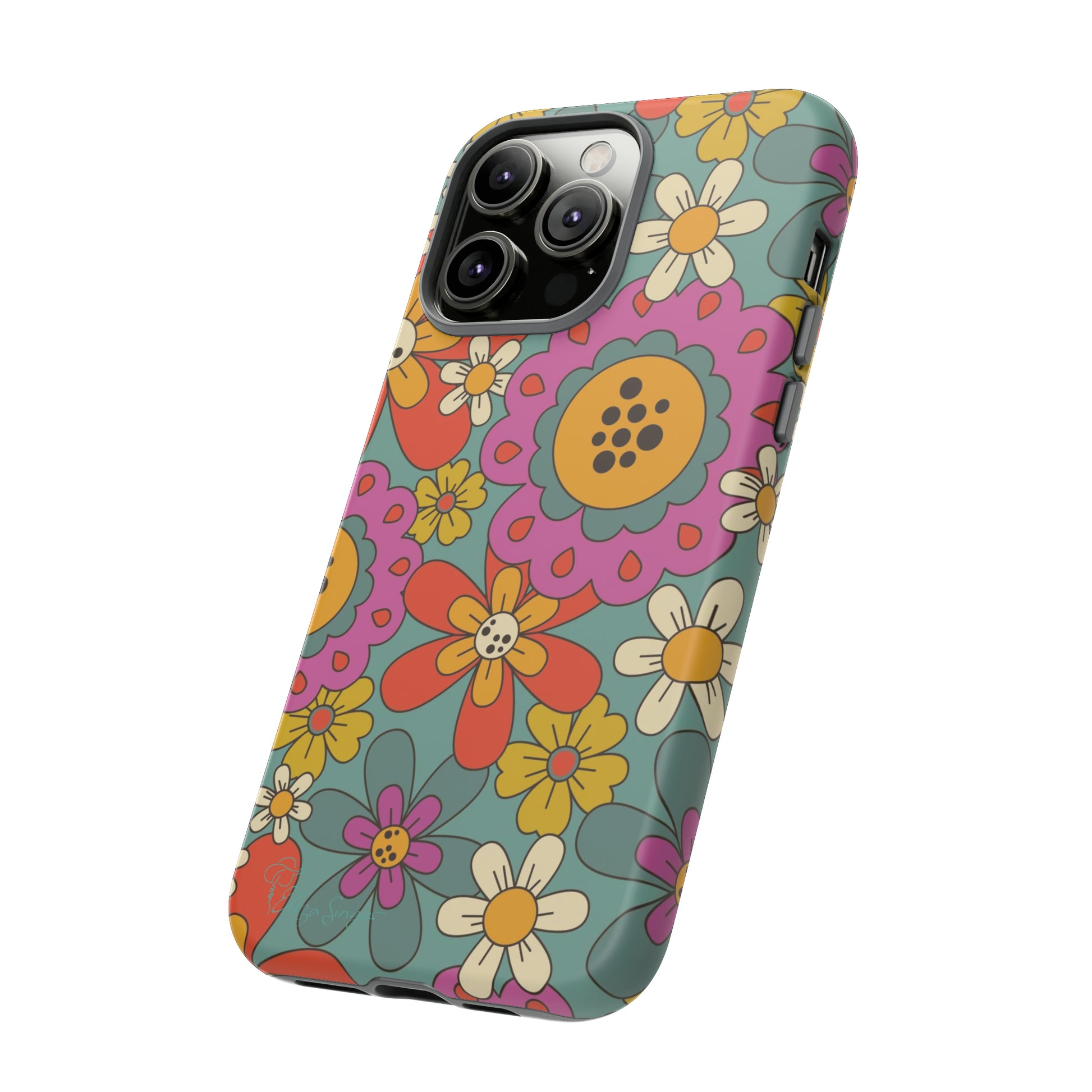 Step into the Groove: Groovy Hippie Hippy Design iPhone Tough Protective Cover. A nod to the 60's with Daisy Design in Turquoise and Pink. Compatible with iPhone 15, 14, 13, XS, XR Pro/Max/Mini/P/Plus. Embrace Retro Vibes with Style and Durability. #ElizaSinger #PhoneCase #GroovyDesign 