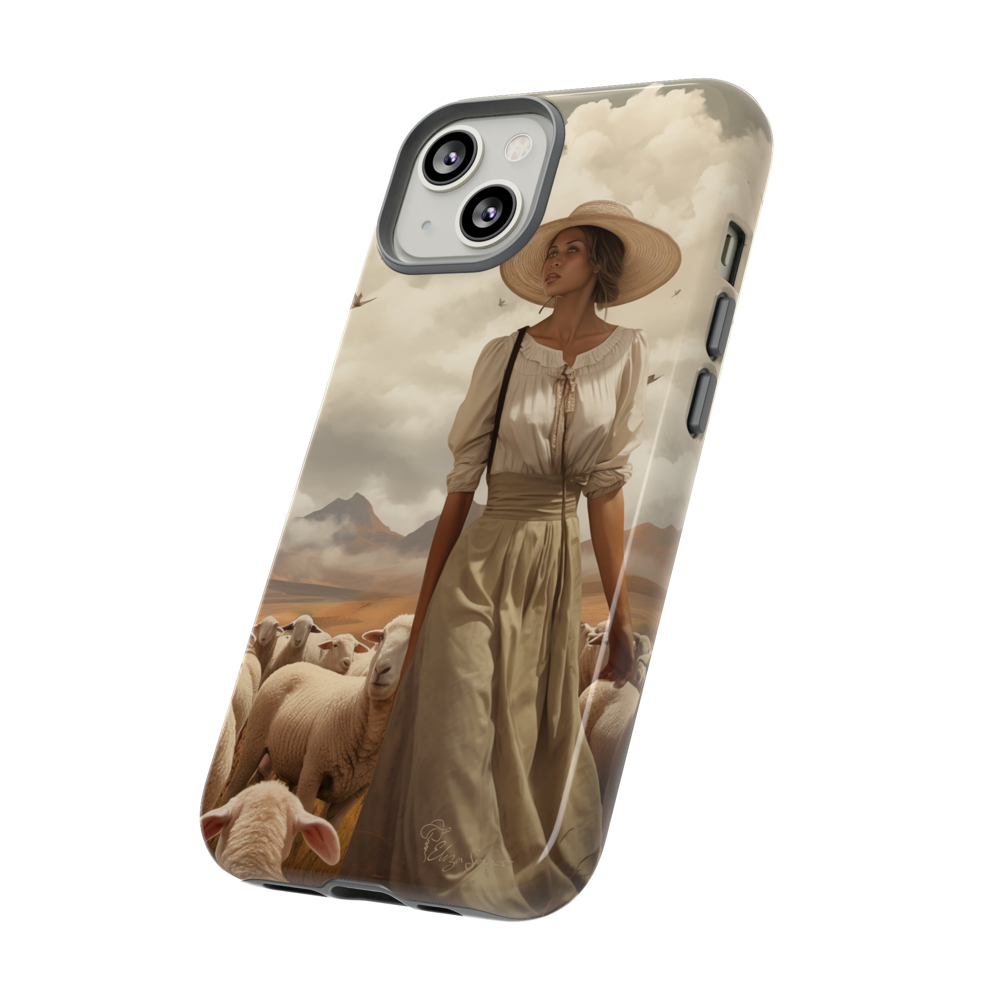 Immerse yourself in a dreamy landscape with our Tough Western Cell Phone Case showcasing a vintage painted design of a woman wearing a hat, walking through a prairie landscape with sheep behind her. Experience the magic of the past with this edition.
