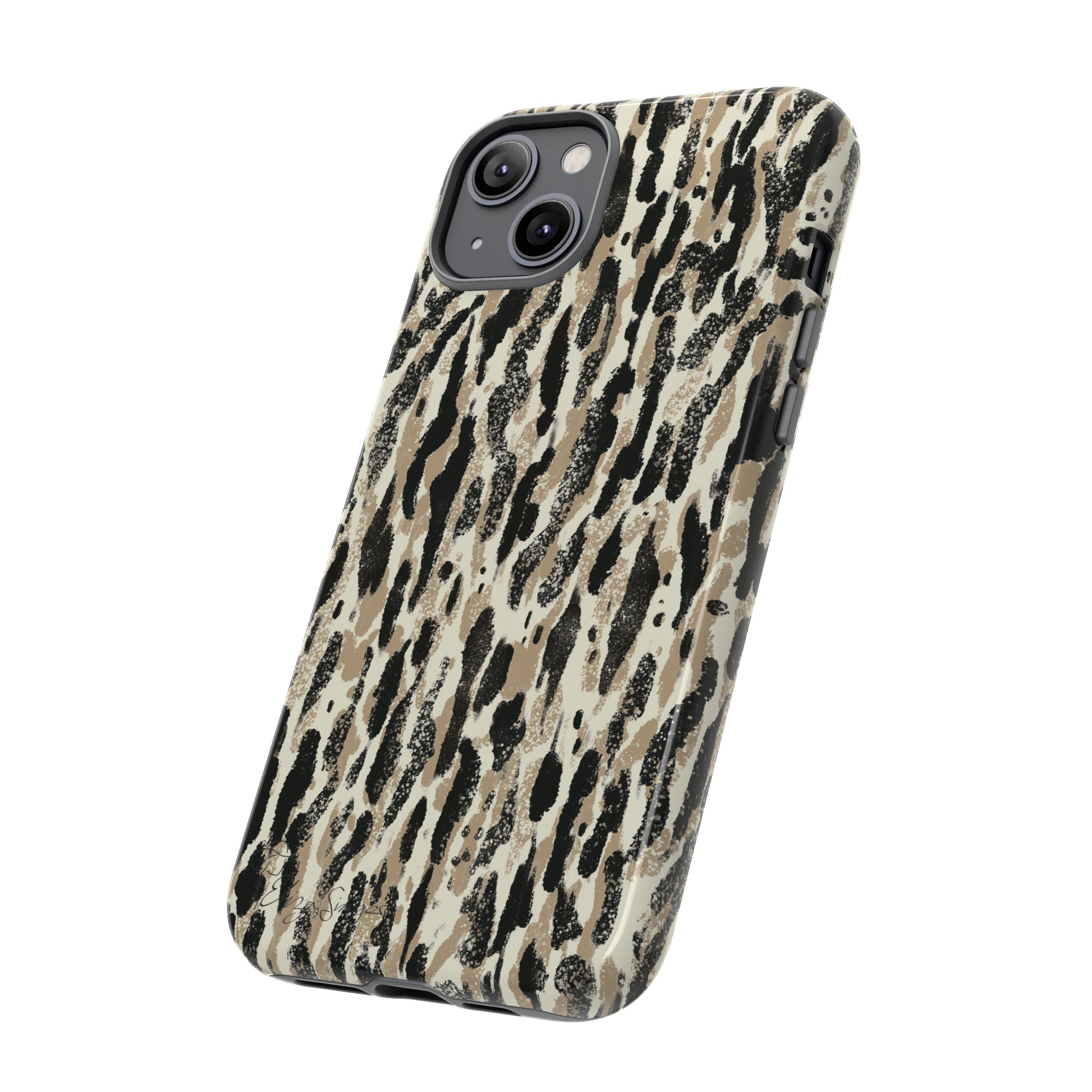 Elevate Your Tech: Abstract Neutral Animal Print iPhone Tough Protective Cover. Leopard-Painted Design in Beige and Black. Compatible with iPhone 15, 14, 13, XS, XR Pro/Max/Mini/P/Plus. Unleash the Wild with Style and Durability. #ElizaSinger #PhoneCase #LeopardPrint 
