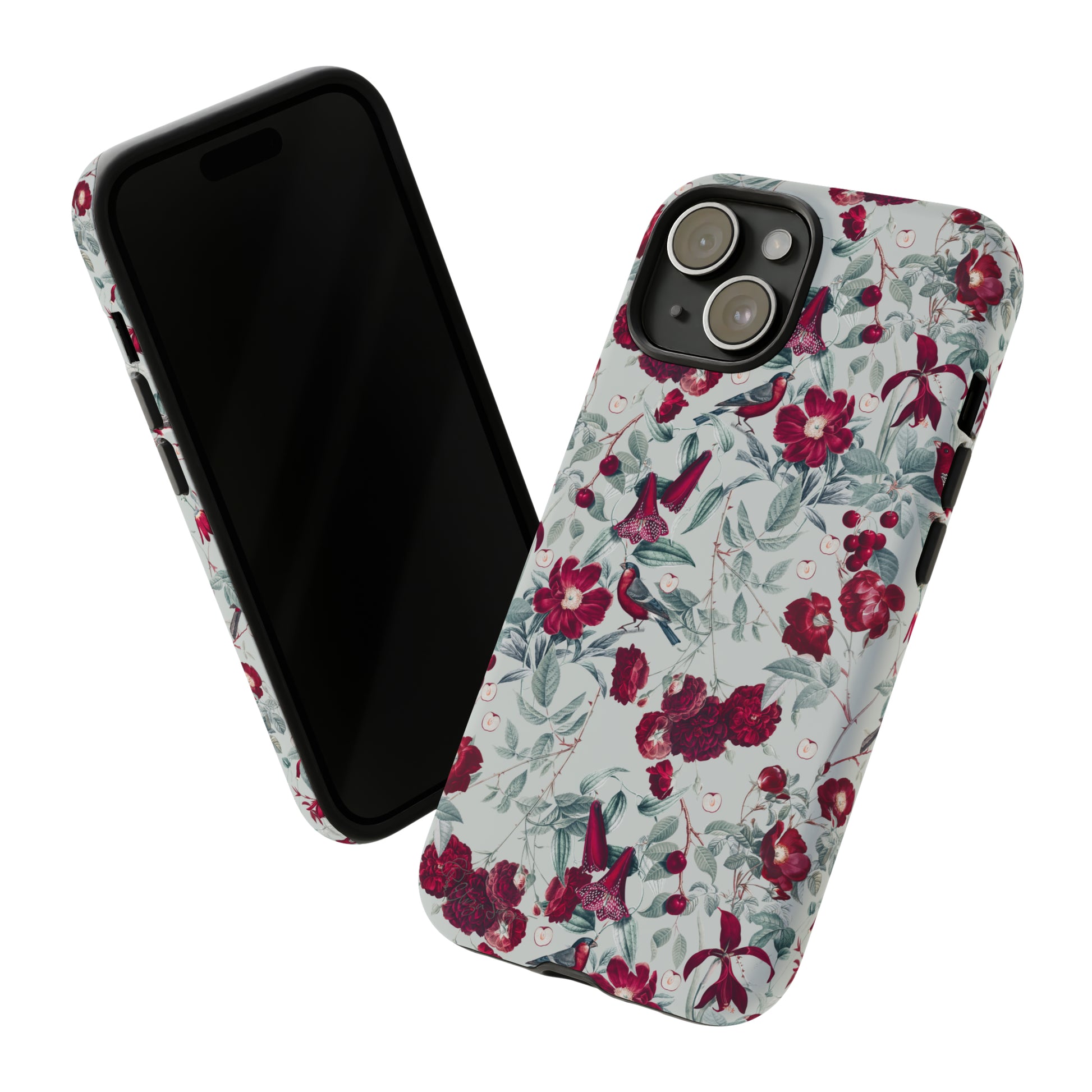 Cherry Blossom Serenade: Cherish nature's beauty with 'Cherry Blossom Serenade.' This iPhone case features flowers and burgundy birds on a blue background, creating a captivating floral wildlife bird and flower design. Elevate your device with this enchanting and stylish protective cover. #ElizaSinger #PhoneCase #FloralDesign