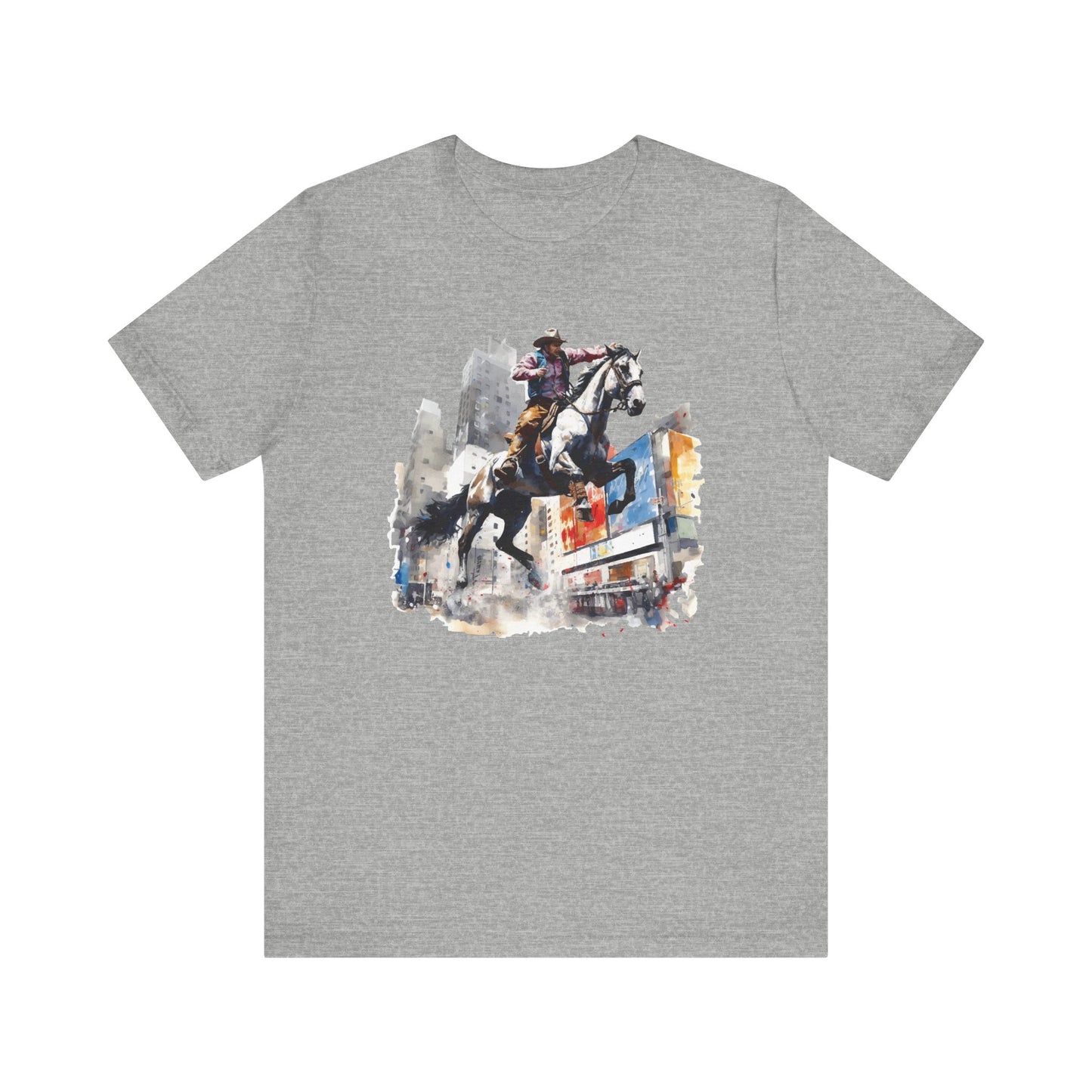 City Rodeo: Bella Canvas T-shirt with Cowboy in Urban Landscape