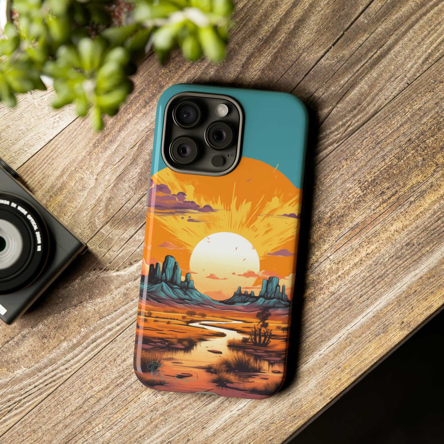 Introducing our Tough Western Cell Phone Case: Turquoise Twilight Oasis Edition! This captivating design showcases a serene landscape with a turquoise background and a mesmerizing setting sun. Enjoy the perfect blend of rugged protection and artistic flair.