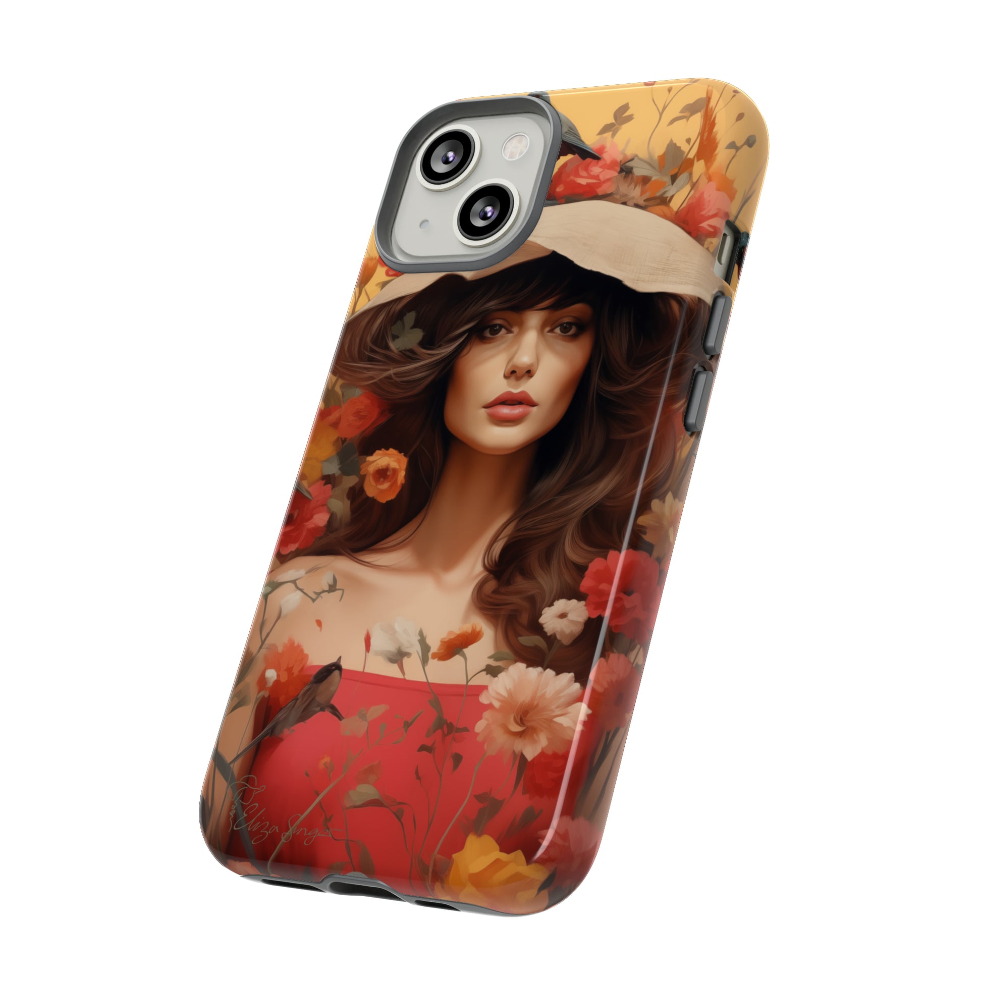 Bask in Sunshine: Embrace the warmth with our Tough Cell Phone Case. A yellow backdrop and a woman in a hat surrounded by flowers create a radiant design. Experience the perfect blend of style and protection, bringing sunshine into your everyday. Elevate your phone with a burst of brightness. #ElizaSinger #PhoneCase #SunshineRadiance