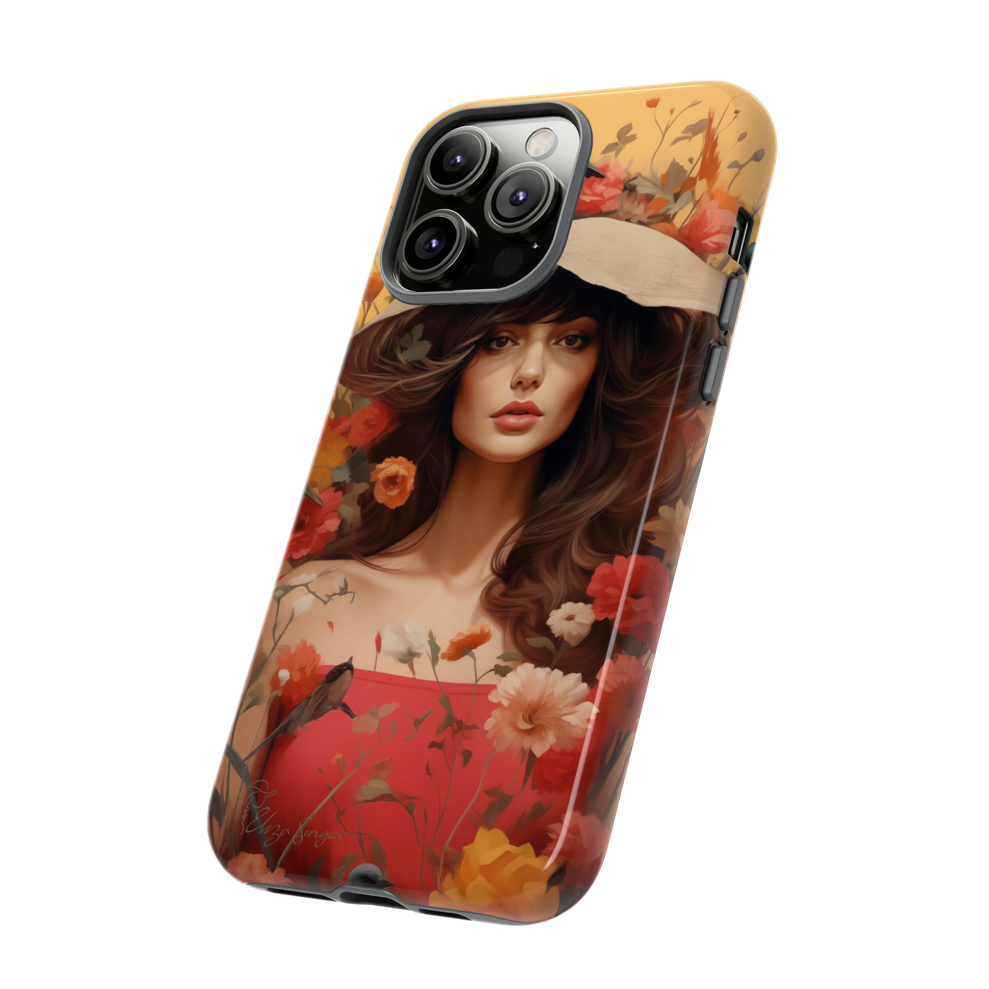 Bask in Sunshine: Embrace the warmth with our Tough Cell Phone Case. A yellow backdrop and a woman in a hat surrounded by flowers create a radiant design. Experience the perfect blend of style and protection, bringing sunshine into your everyday. Elevate your phone with a burst of brightness. #ElizaSinger #PhoneCase #SunshineRadiance