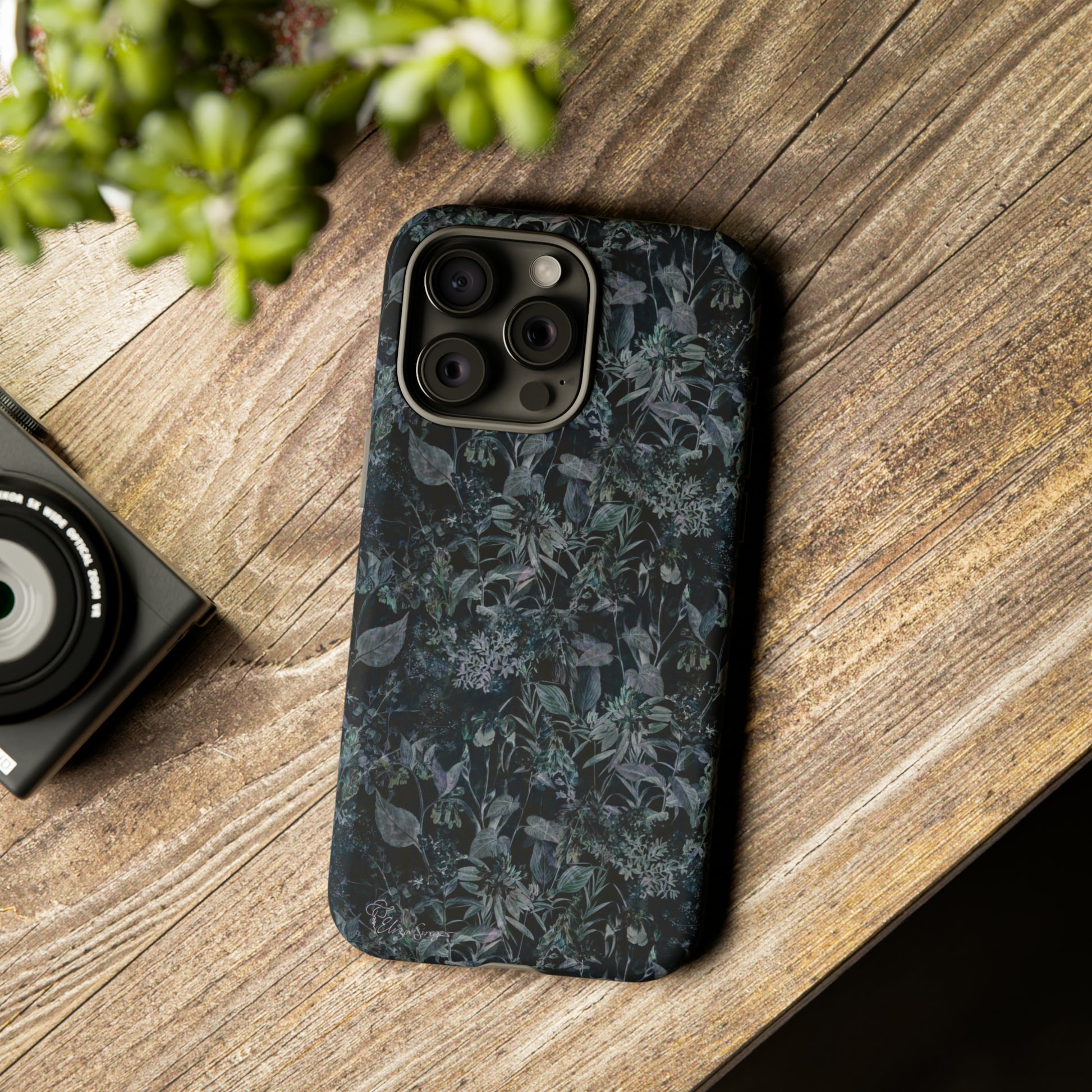 Blossom in Style: Botany Floral Dark Flowers Blue Denim iPhone Tough Protective Cover. This case features a Flower and Muted Grey Design, compatible with iPhone 15, 14, 13, XS, XR Pro/Max/Mini/P/Plus. Unleash Nature's Beauty with Style and Durability. #ElizaSinger #PhoneCase #FloralDesign