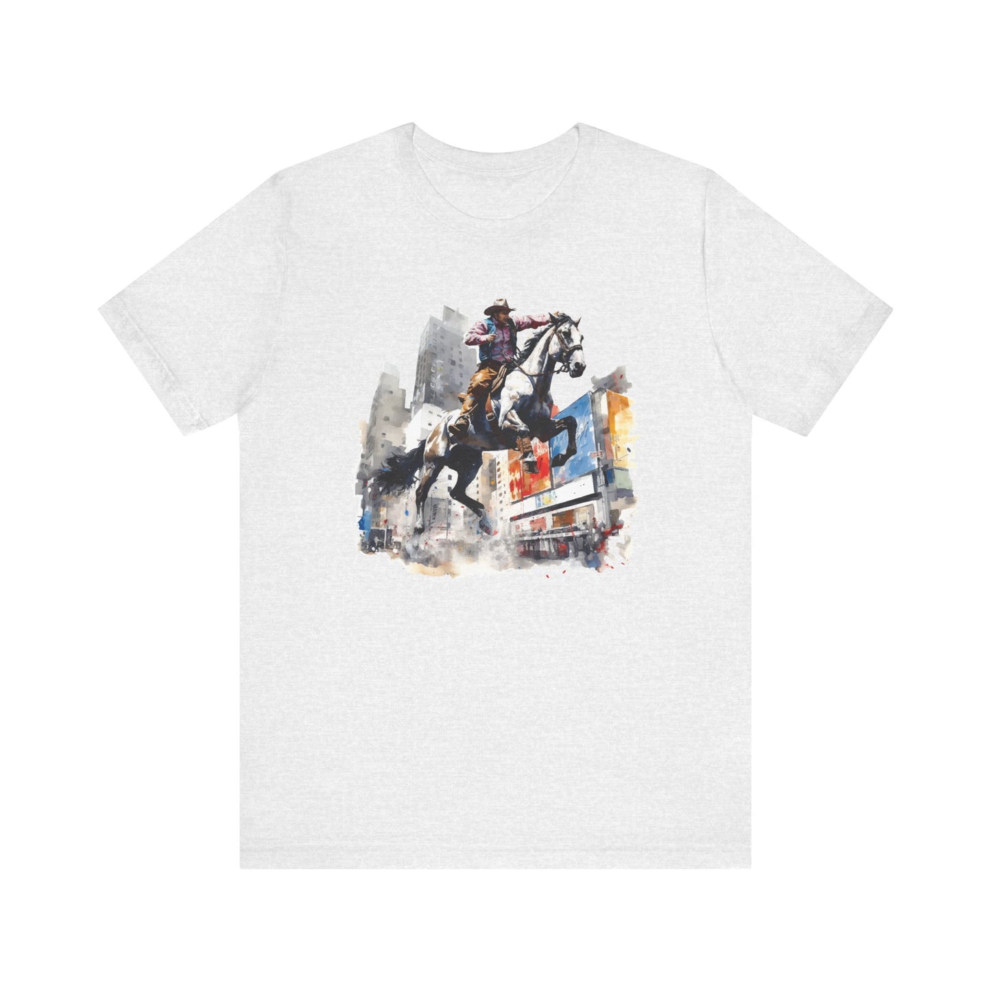 City Rodeo: Bella Canvas T-shirt with Cowboy in Urban Landscape