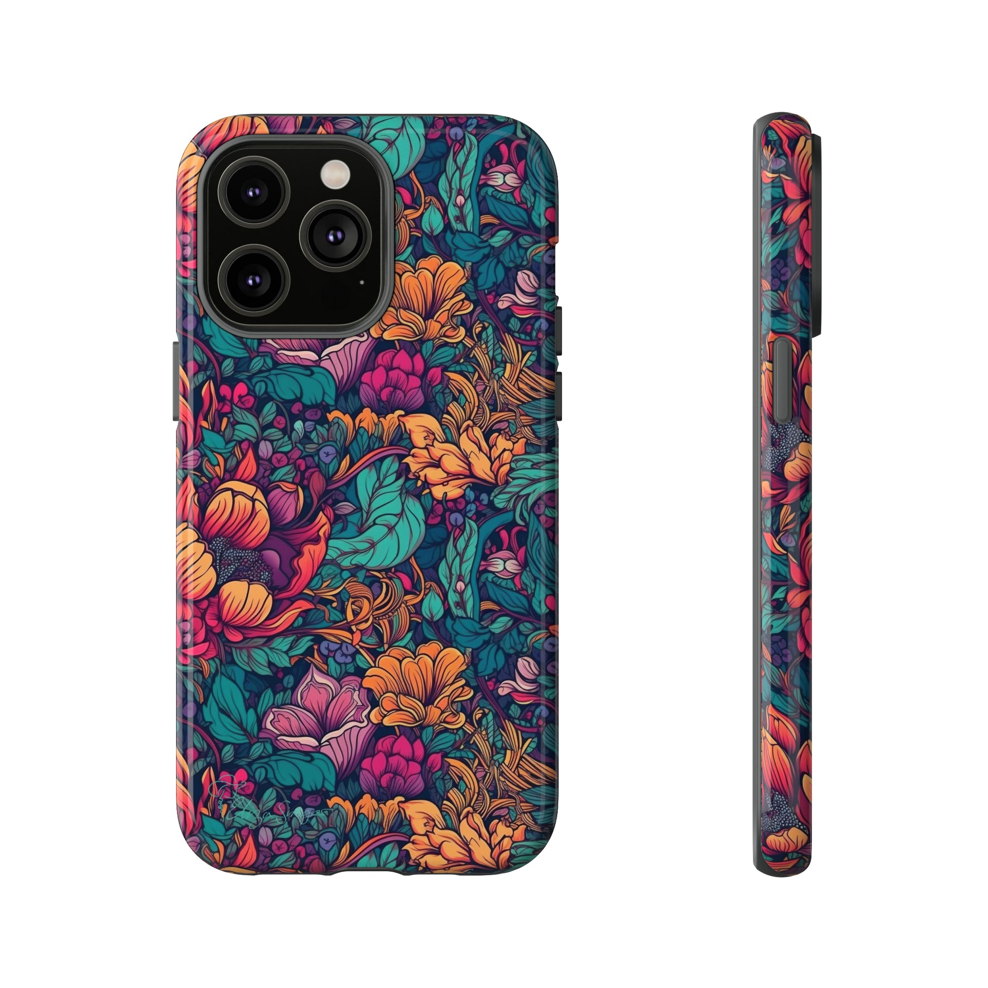 Vibrant Boho Blossoms: iPhone Tough Protective Cover. Featuring a bright abstract floral design, this case adds a touch of Bohemian flair. Compatible with iPhone 15, 14, 13, XS, XR Pro/Max/Mini/P/Plus. Embrace Boho Chic with Style and Durability. #ElizaSinger #PhoneCase #FloralDesign