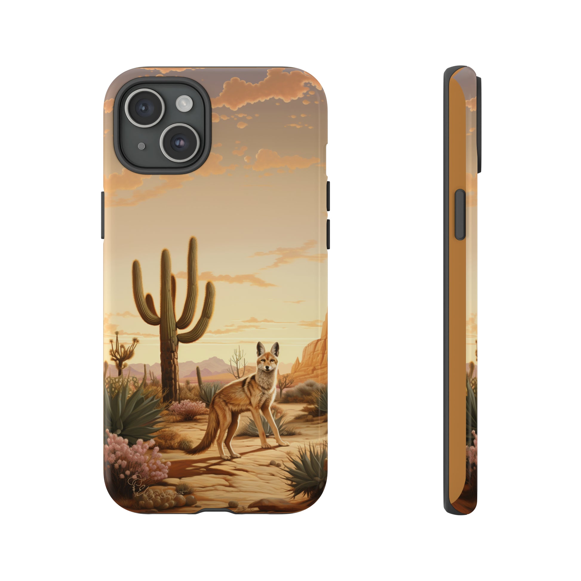 Unveiling our Western Tough Cell Phone Case: Dusk Jackal Oasis Edition! Witness the beauty of dusk with a jackal in a desert landscape next to a cactus. This design offers both rugged protection and a touch of twilight elegance.