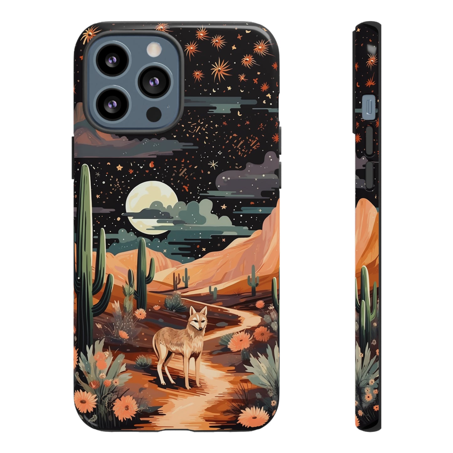 Introducing our Tough Western Cell Phone Case: Twilight Desert Jackal Remix Edition! A variation of our popular design, this edition features a jackal in a desert landscape with a starry night sky and cacti. Get ready for a unique twist on classic rugged protection.