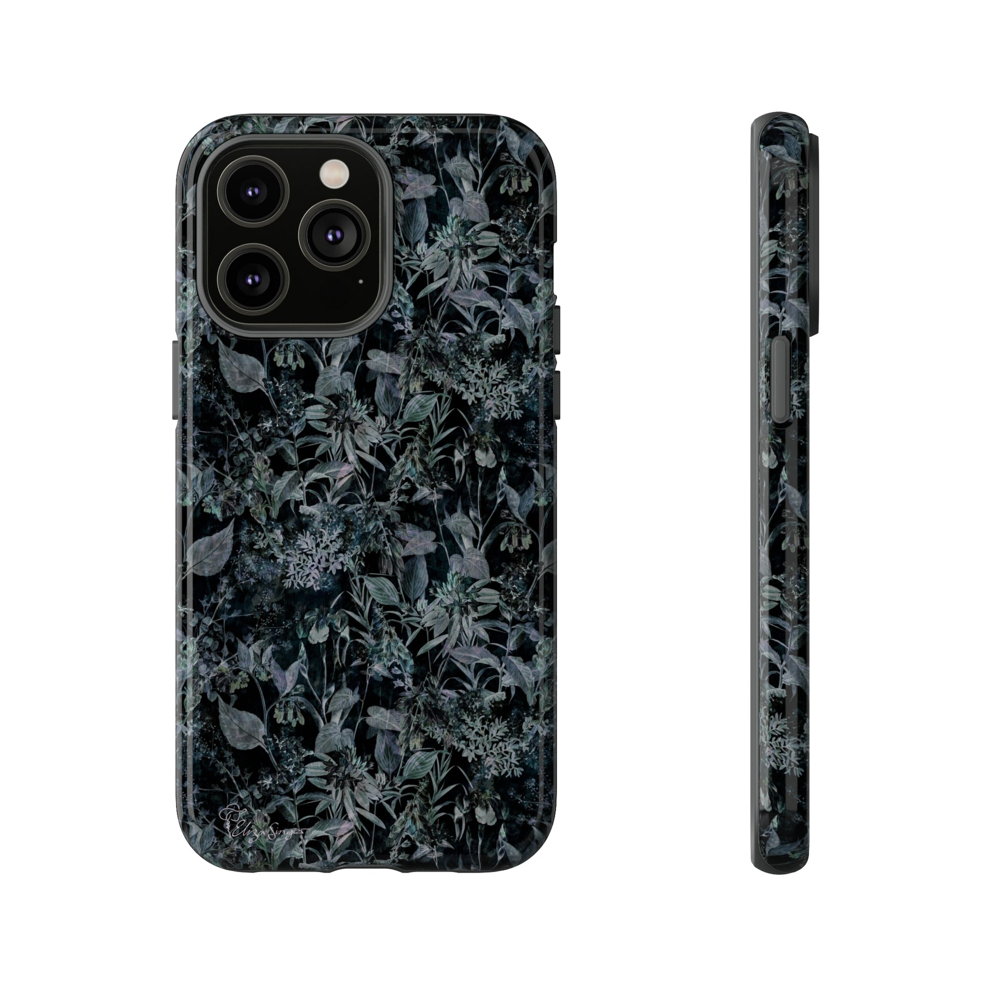 Blossom in Style: Botany Floral Dark Flowers Blue Denim iPhone Tough Protective Cover. This case features a Flower and Muted Grey Design, compatible with iPhone 15, 14, 13, XS, XR Pro/Max/Mini/P/Plus. Unleash Nature's Beauty with Style and Durability. #ElizaSinger #PhoneCase #FloralDesign