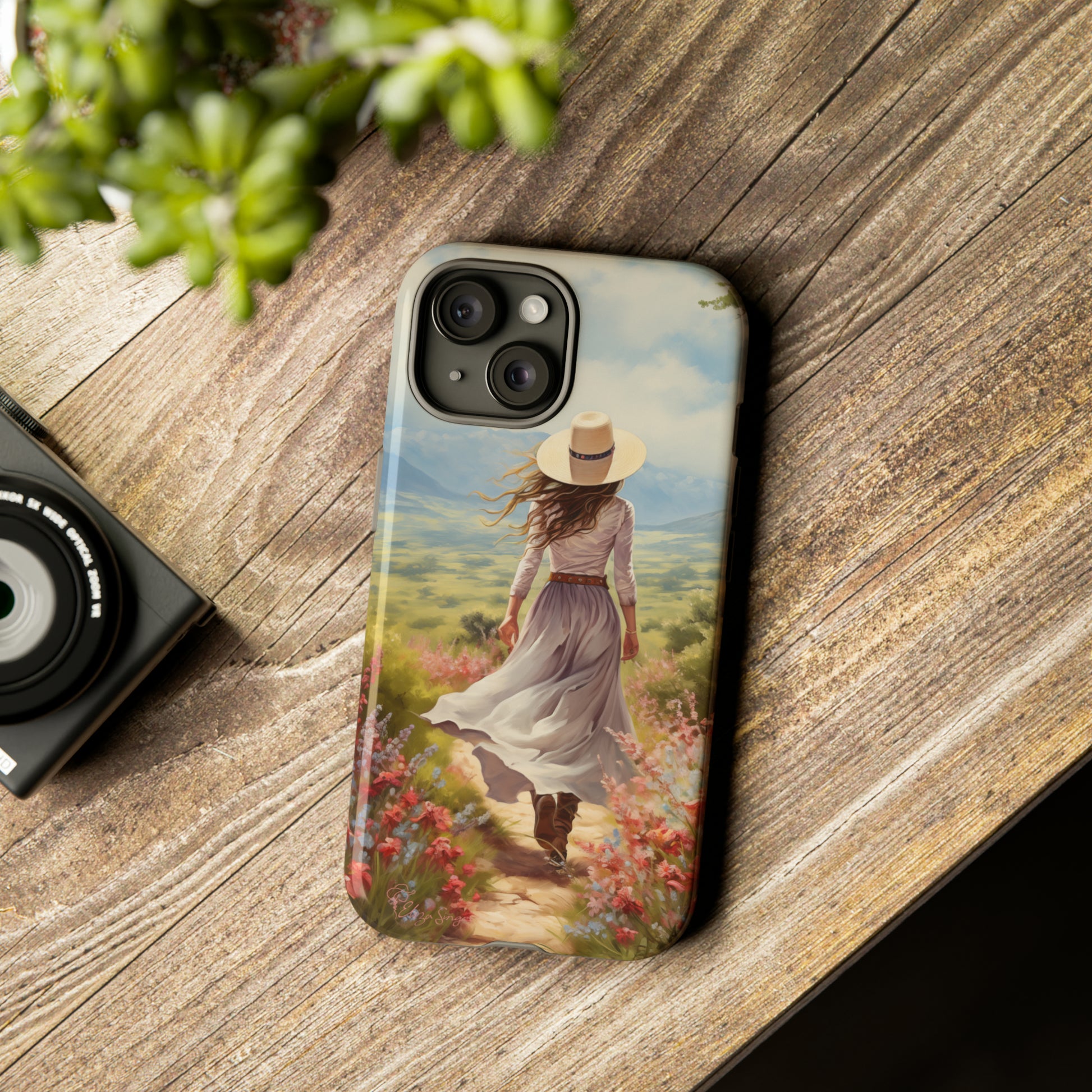 Embrace Whimsical Protection: Tough Western Cell Phone Case by Eliza Singer. Step into a World of Enchantment with a Stylish Woman Amidst Nature's Beauty. Safeguard Your Phone with Artistic Charm. #ElizaSinger #PhoneCase #WesternStyle 
