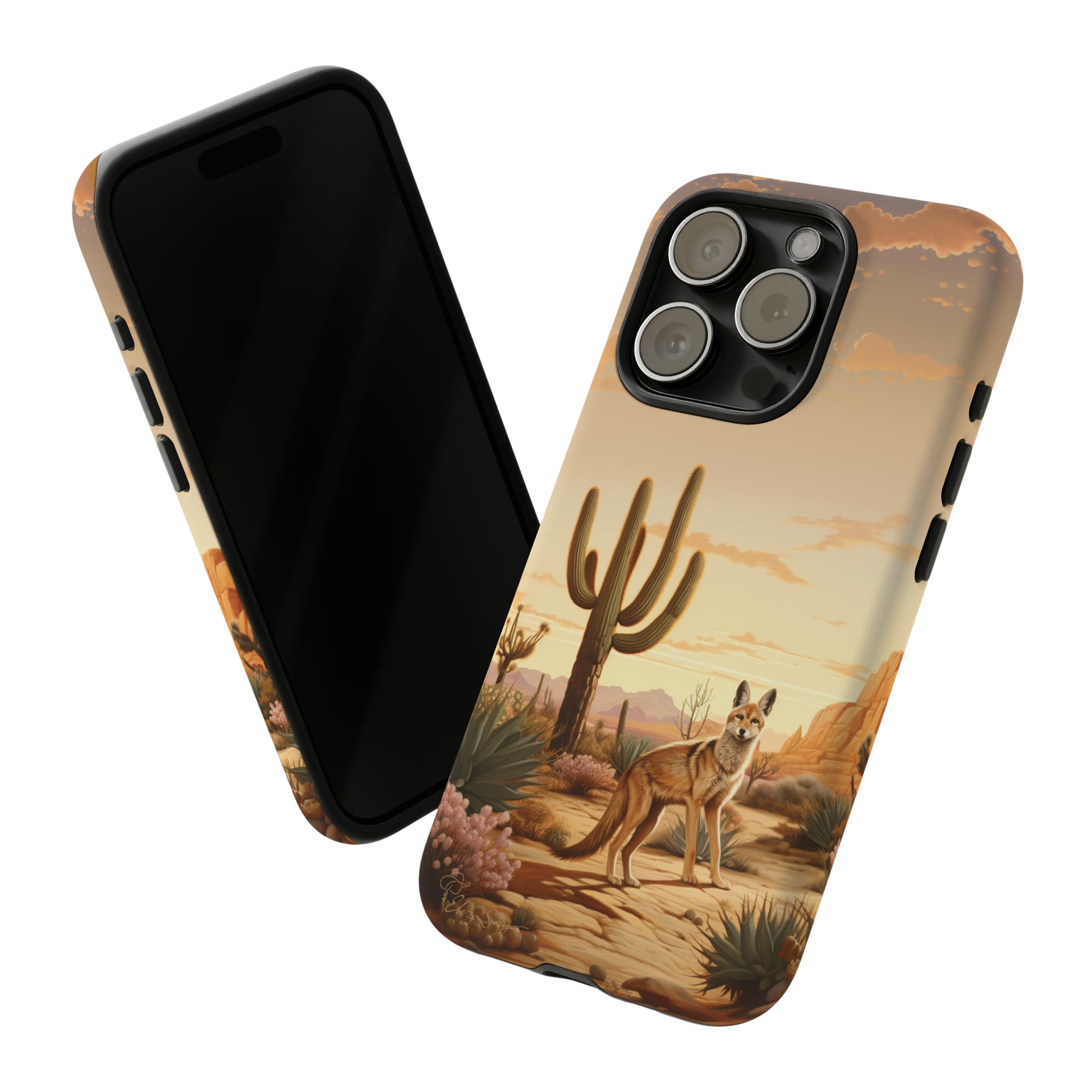Unveiling our Western Tough Cell Phone Case: Dusk Jackal Oasis Edition! Witness the beauty of dusk with a jackal in a desert landscape next to a cactus. This design offers both rugged protection and a touch of twilight elegance.