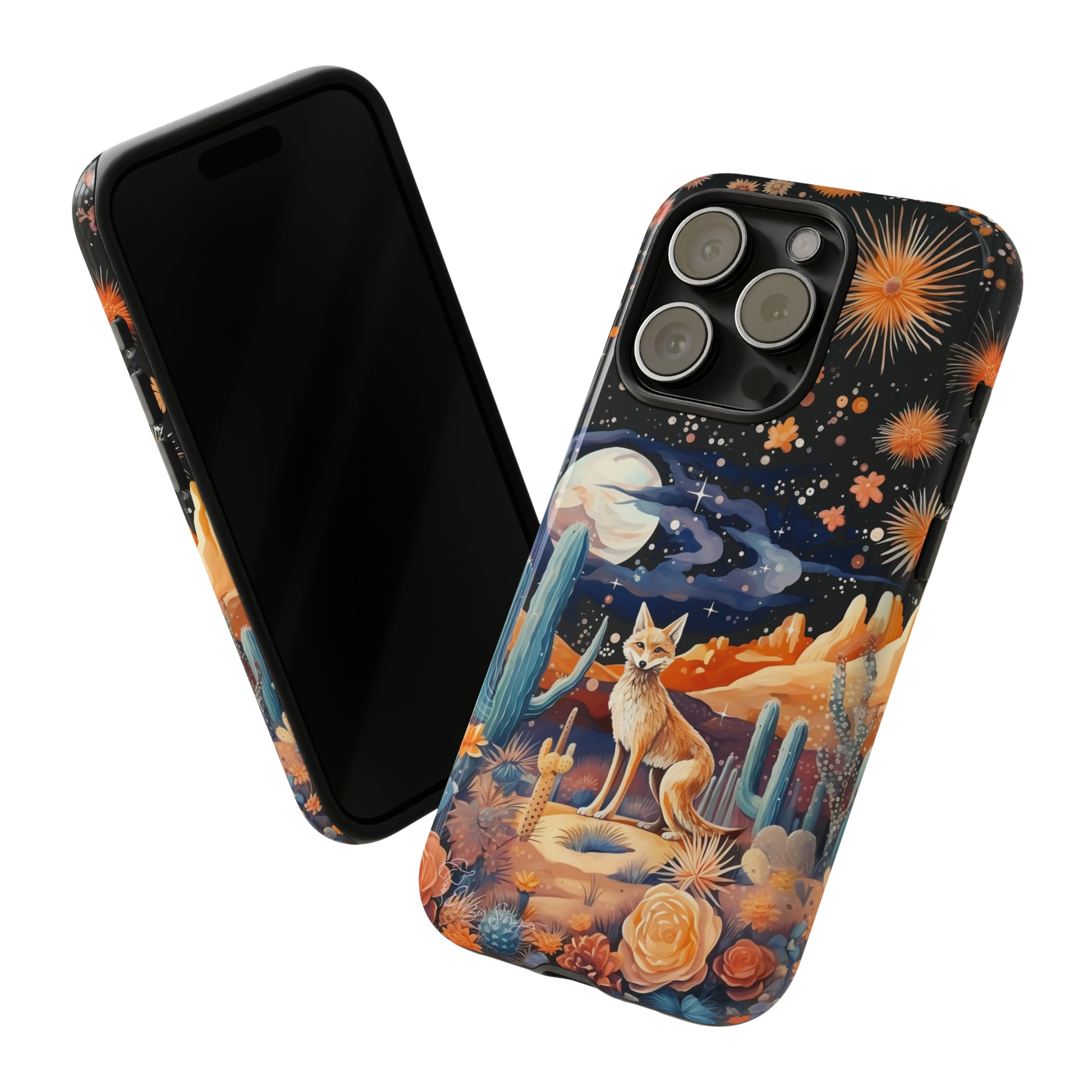 Introducing our Tough Western Cell Phone Case: Midnight Mirage Jackal Edition! Dive into the mysterious desert night with a striking depiction of a jackal, cacti, and a starry sky. This design offers the ideal combination of durability and desert charm.