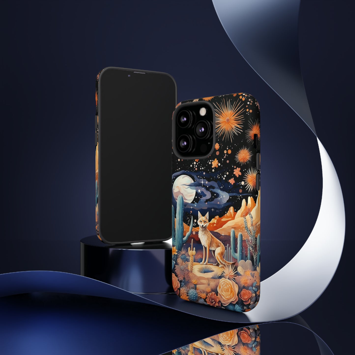 Introducing our Tough Western Cell Phone Case: Midnight Mirage Jackal Edition! Dive into the mysterious desert night with a striking depiction of a jackal, cacti, and a starry sky. This design offers the ideal combination of durability and desert charm.