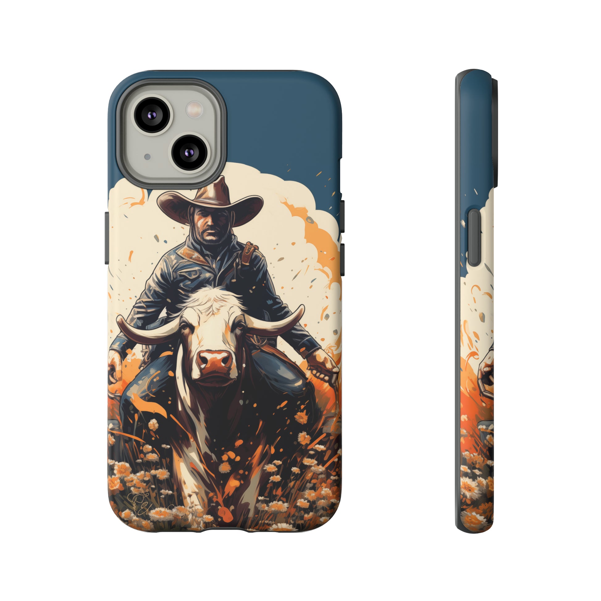 Time-Tested Charm: Immerse yourself in the charm of yesteryear with our Tough Cell Phone Case. Featuring a cowboy on a cow in a field of flowers, this design exudes retro vibes. Experience the perfect blend of vintage style and durable protection. Elevate your phone with a touch of timeless allure. #ElizaSinger #PhoneCase #VintageCharm