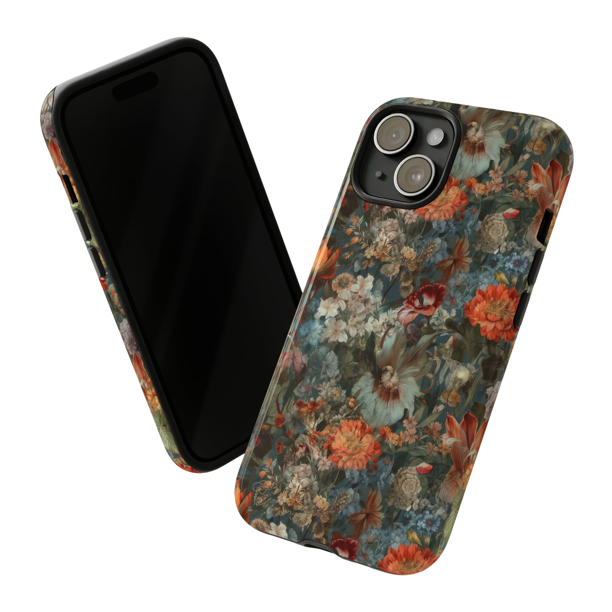 Blooms in Shadows: Botany Floral Dark Flowers iPhone Tough Protective Cover. A captivating blend of Flowers in muted colors, compatible with iPhone 15, 14, 13, XS, XR Pro/Max/Mini/P/Plus. Unleash Nature's Elegance with Durability and Style. #ElizaSinger #PhoneCase #FloralDesign