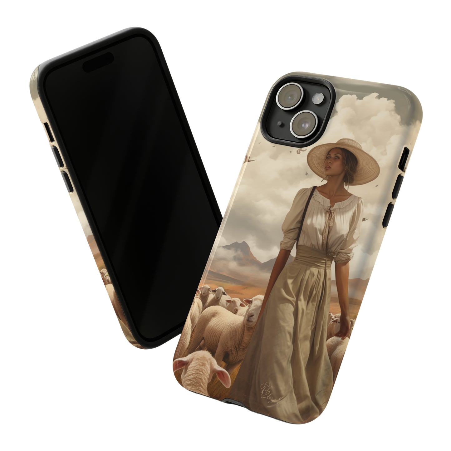 Immerse yourself in a dreamy landscape with our Tough Western Cell Phone Case showcasing a vintage painted design of a woman wearing a hat, walking through a prairie landscape with sheep behind her. Experience the magic of the past with this edition.