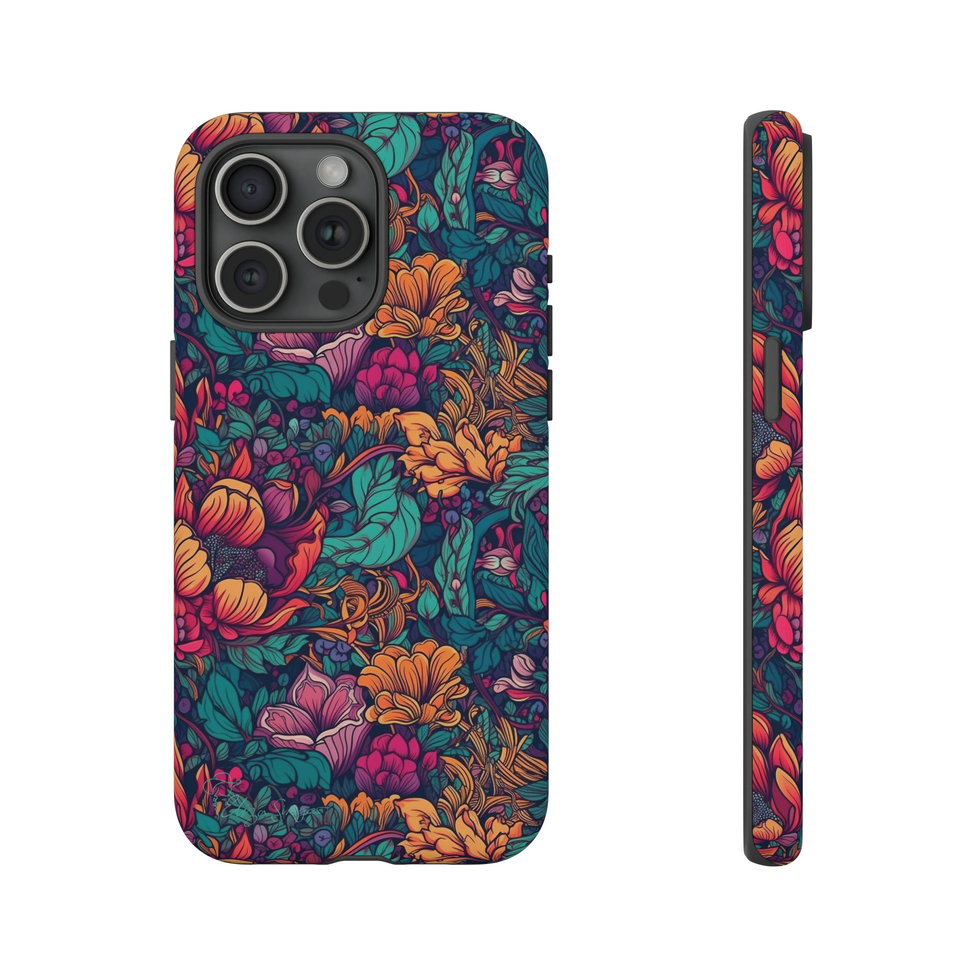 Vibrant Boho Blossoms: iPhone Tough Protective Cover. Featuring a bright abstract floral design, this case adds a touch of Bohemian flair. Compatible with iPhone 15, 14, 13, XS, XR Pro/Max/Mini/P/Plus. Embrace Boho Chic with Style and Durability. #ElizaSinger #PhoneCase #FloralDesign
