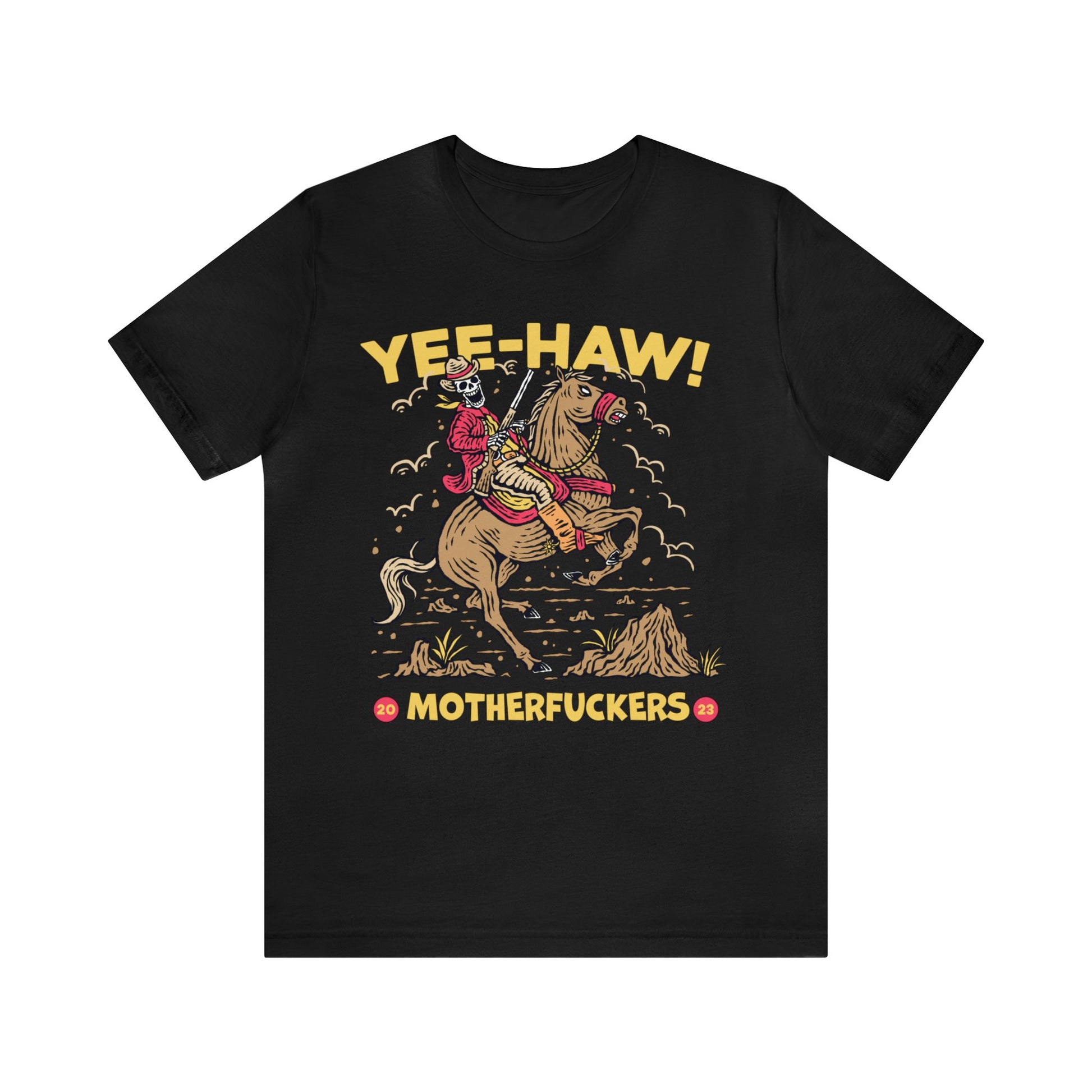 Rev up the wild west vibes with our Bella Canvas Unisex T-shirt. A lively design featuring a cowboy skeleton atop a bucking horse, exuding fun and fearless style. Boldly adorned with the spirited phrase 'Yee-Haw Motherfucker,' this tee adds a playful edge to your wardrobe. Elevate your look with a dash of humor and western flair in every wear!