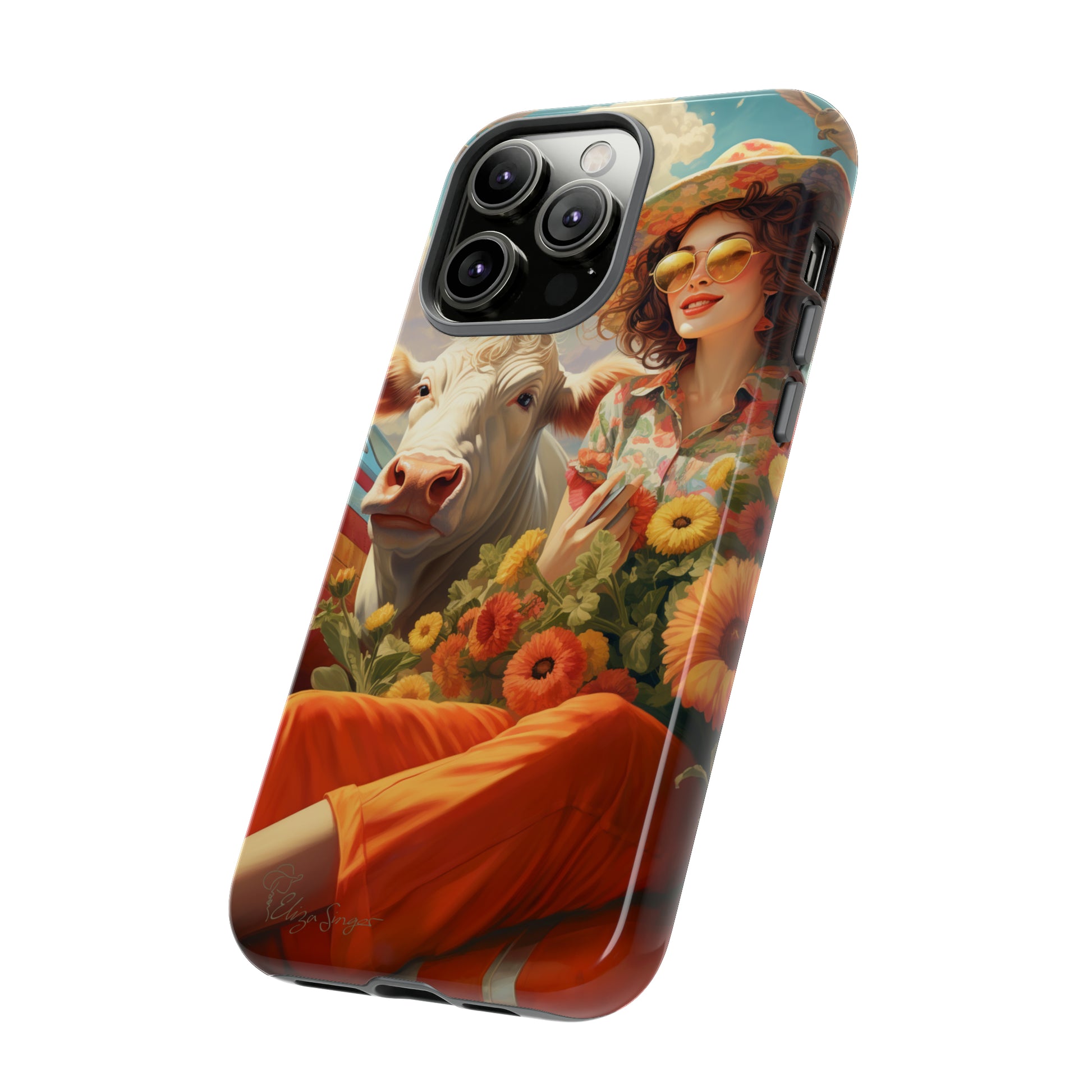Timeless Retro Charm: Step back in time with our Tough Western Cell Phone Case. Featuring a vintage and bright design, a woman in a hat with daisies is accompanied by a cow looking over her shoulder. Experience the perfect blend of retro aesthetics and durability. Elevate your style with a touch of nostalgia. #ElizaSinger #PhoneCase #RetroStyle 