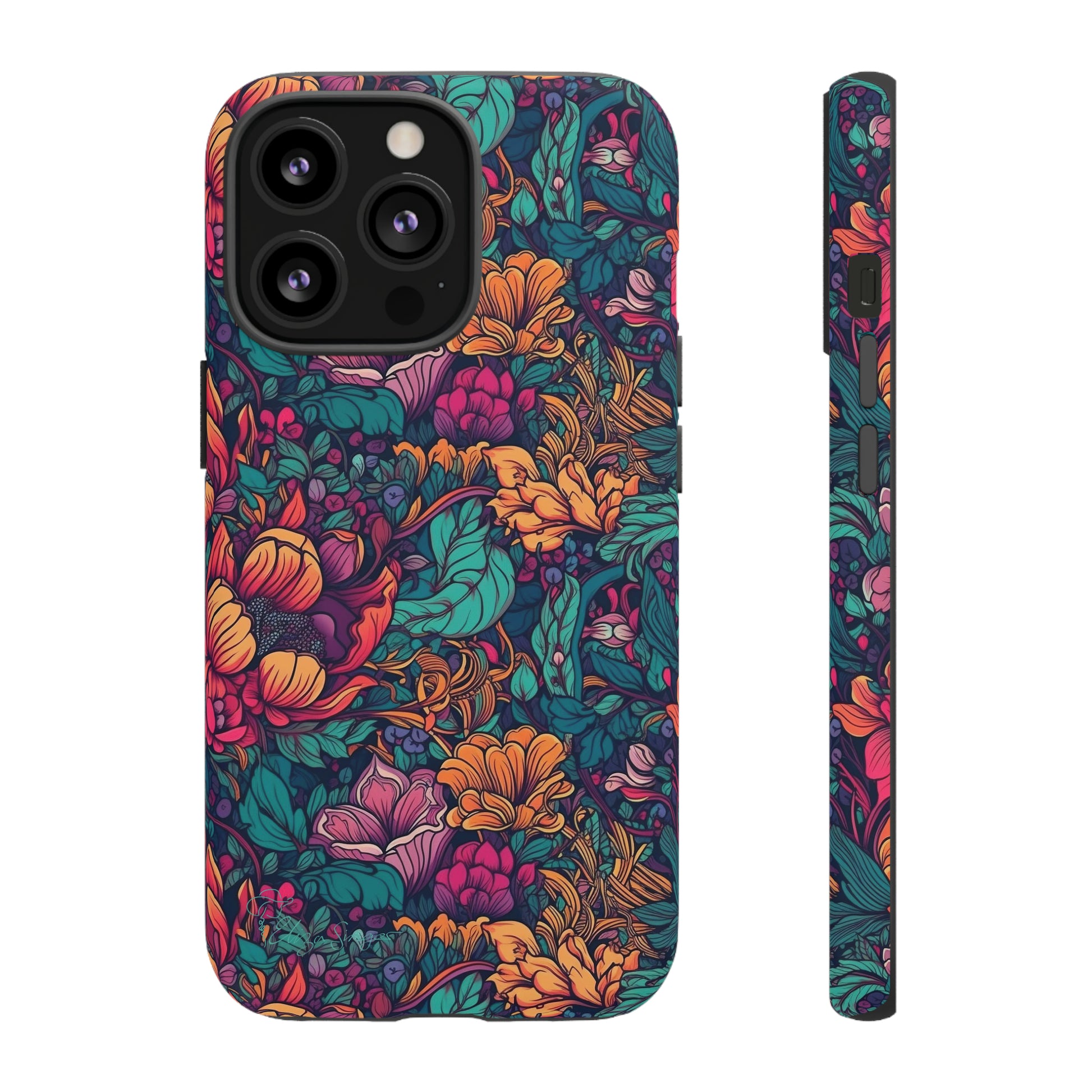 Vibrant Boho Blossoms: iPhone Tough Protective Cover. Featuring a bright abstract floral design, this case adds a touch of Bohemian flair. Compatible with iPhone 15, 14, 13, XS, XR Pro/Max/Mini/P/Plus. Embrace Boho Chic with Style and Durability. #ElizaSinger #PhoneCase #FloralDesign