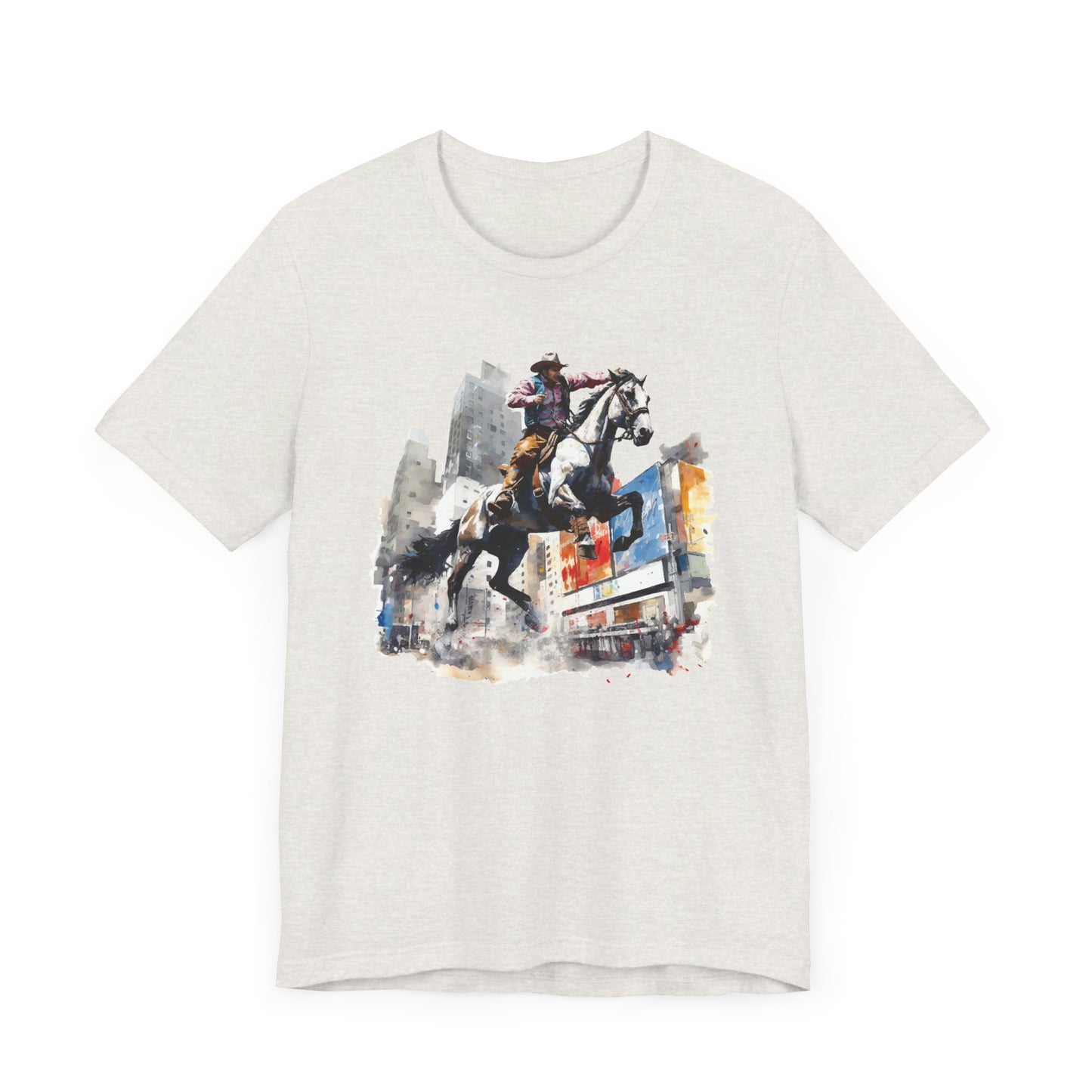 City Rodeo: Bella Canvas T-shirt with Cowboy in Urban Landscape