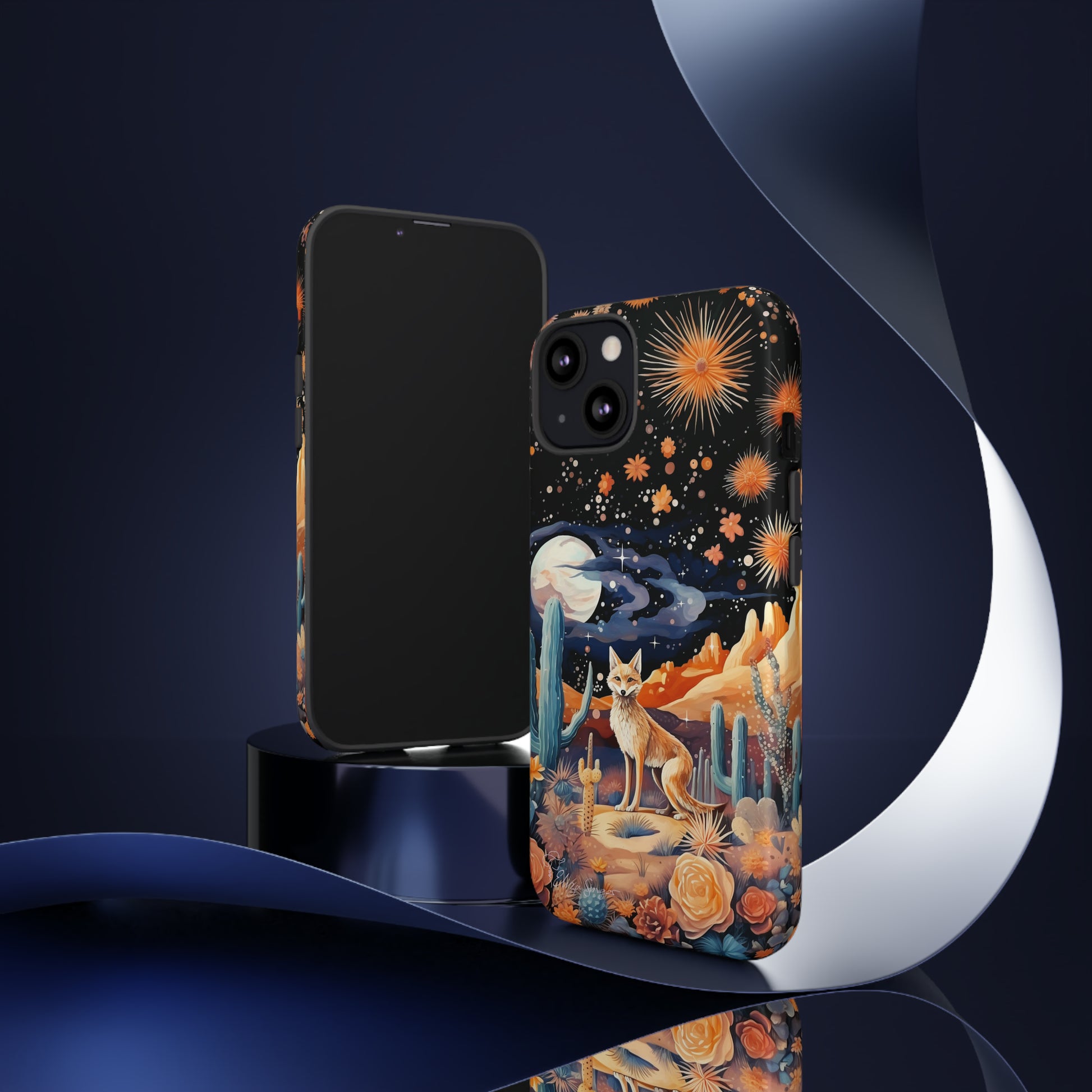 Introducing our Tough Western Cell Phone Case: Midnight Mirage Jackal Edition! Dive into the mysterious desert night with a striking depiction of a jackal, cacti, and a starry sky. This design offers the ideal combination of durability and desert charm.
