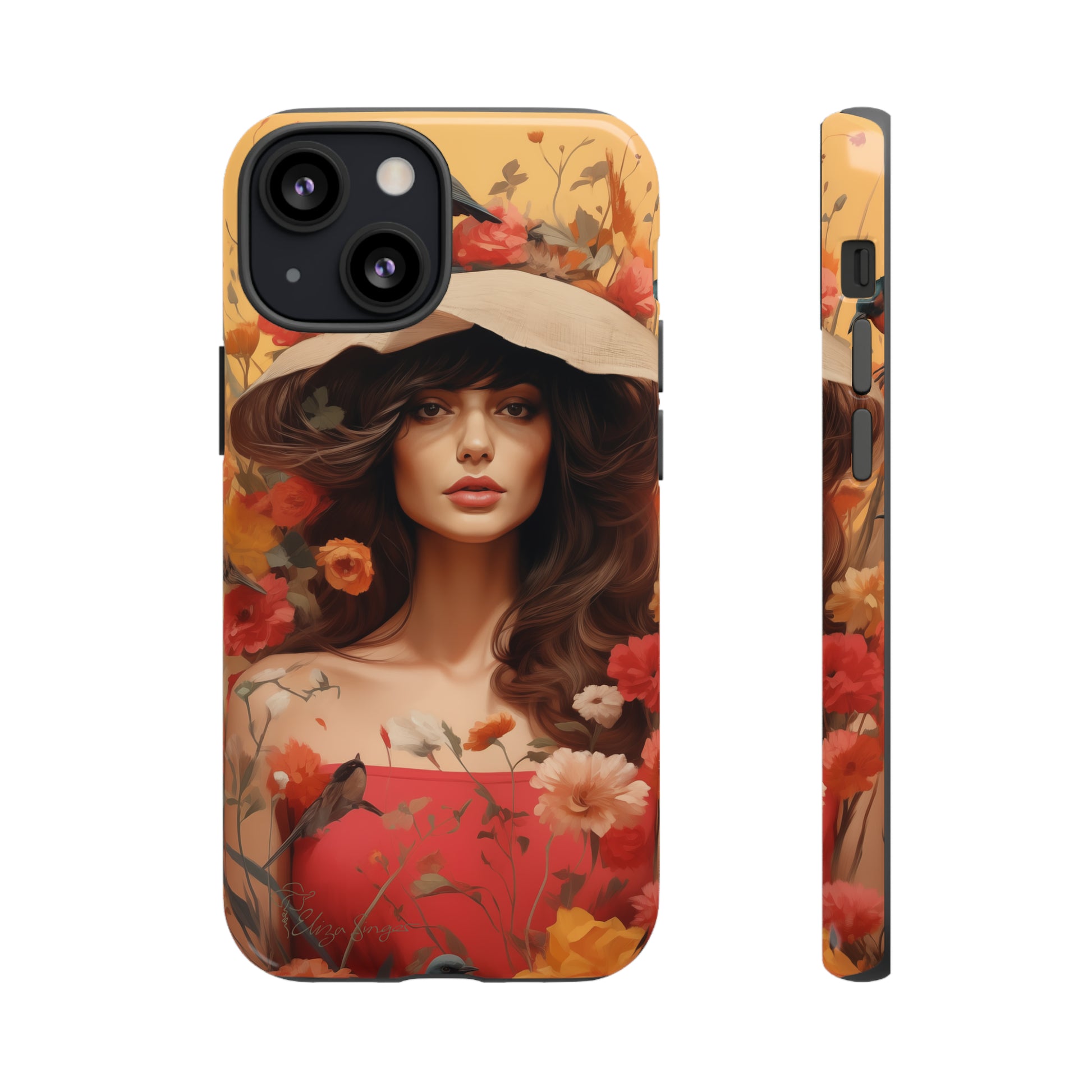Bask in Sunshine: Embrace the warmth with our Tough Cell Phone Case. A yellow backdrop and a woman in a hat surrounded by flowers create a radiant design. Experience the perfect blend of style and protection, bringing sunshine into your everyday. Elevate your phone with a burst of brightness. #ElizaSinger #PhoneCase #SunshineRadiance