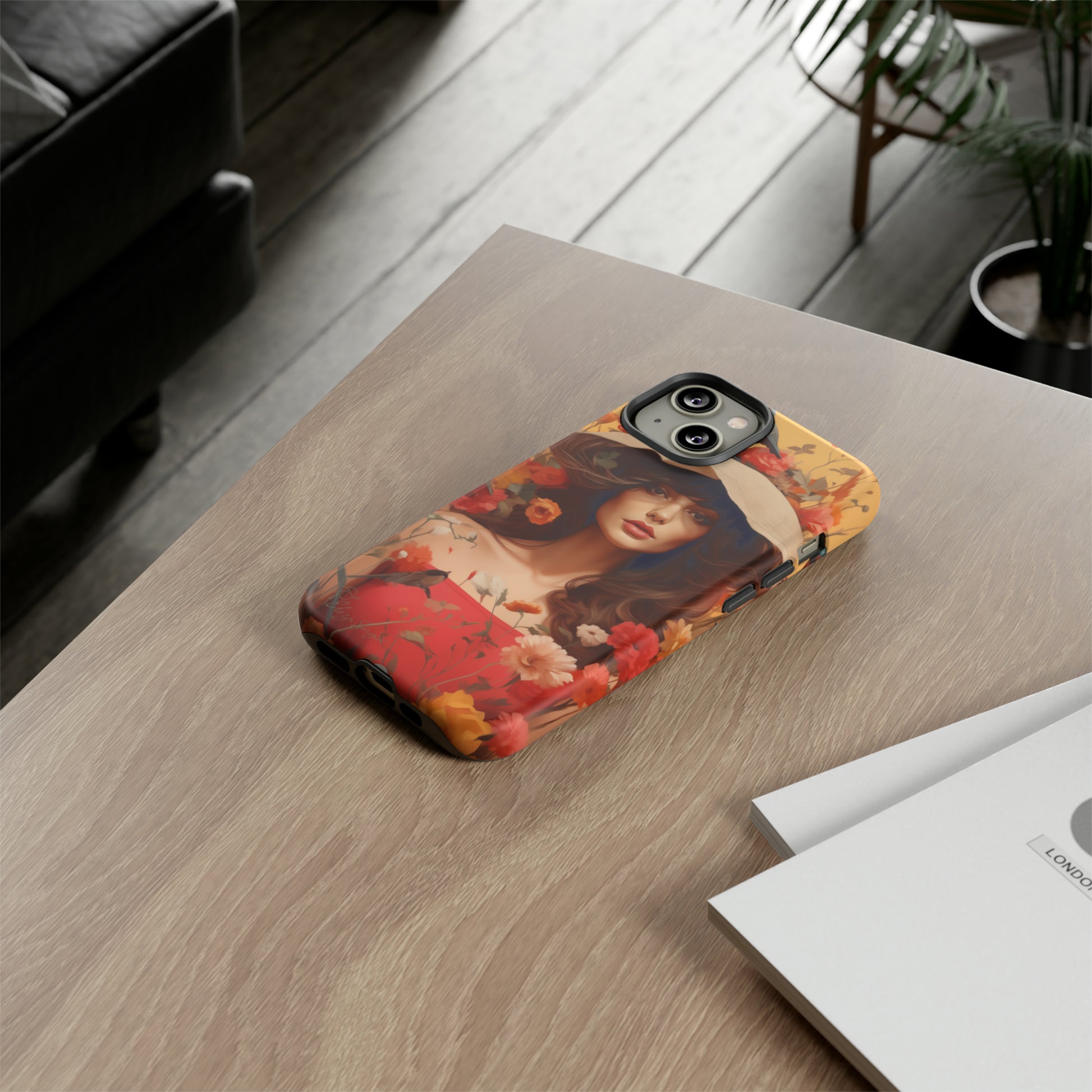Bask in Sunshine: Embrace the warmth with our Tough Cell Phone Case. A yellow backdrop and a woman in a hat surrounded by flowers create a radiant design. Experience the perfect blend of style and protection, bringing sunshine into your everyday. Elevate your phone with a burst of brightness. #ElizaSinger #PhoneCase #SunshineRadiance