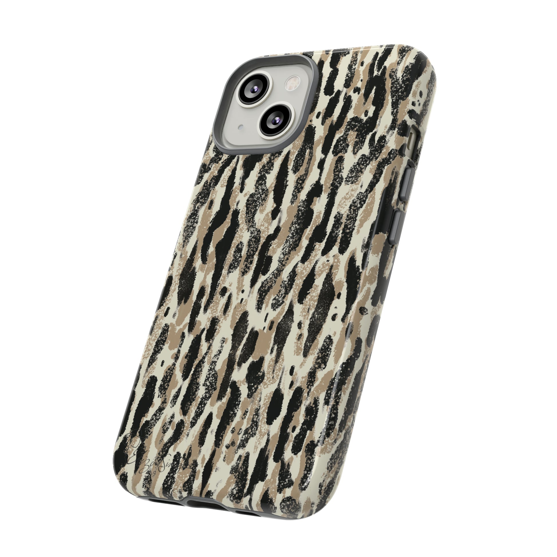 Elevate Your Tech: Abstract Neutral Animal Print iPhone Tough Protective Cover. Leopard-Painted Design in Beige and Black. Compatible with iPhone 15, 14, 13, XS, XR Pro/Max/Mini/P/Plus. Unleash the Wild with Style and Durability. #ElizaSinger #PhoneCase #LeopardPrint 