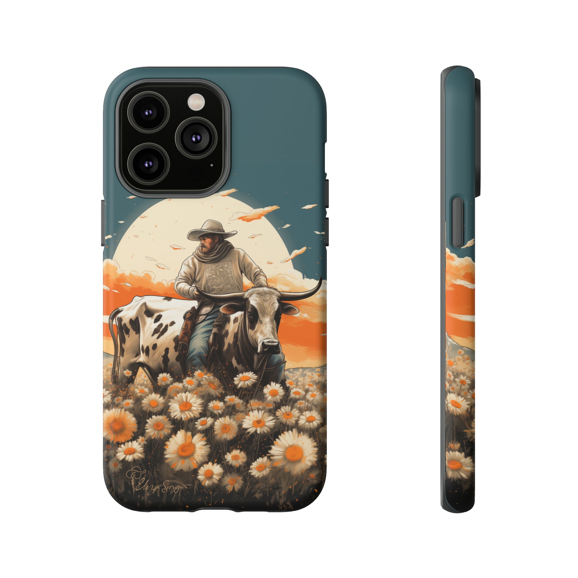 Harmony of Contrasts: Dive into our Tough Cell Phone Case, a visual symphony featuring a bullrider on a black and white dairy cow amidst a vibrant field of flowers. This edition effortlessly merges toughness with artistic flair, offering a unique and captivating contrast. Elevate your phone with rugged elegance. #ElizaSinger #PhoneCase #ContrastHarmony