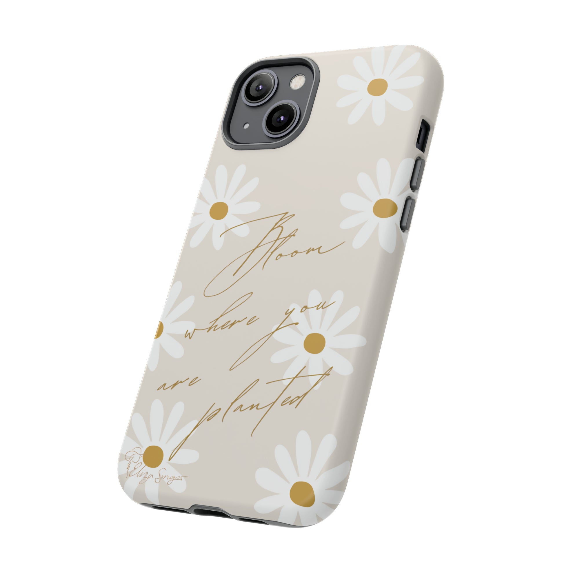 Sunny Boho Blooms: Boho Flower Daisy iPhone Tough Protective Case. A lively fusion of Flowers, Boho, and floral daisies design. Compatible with iPhone 15, 14, 13, XS, XR Pro/Max/Mini/P/Plus. Elevate Your Device with Bohemian Charm and Durability. #ElizaSinger #PhoneCase #FloralDesign