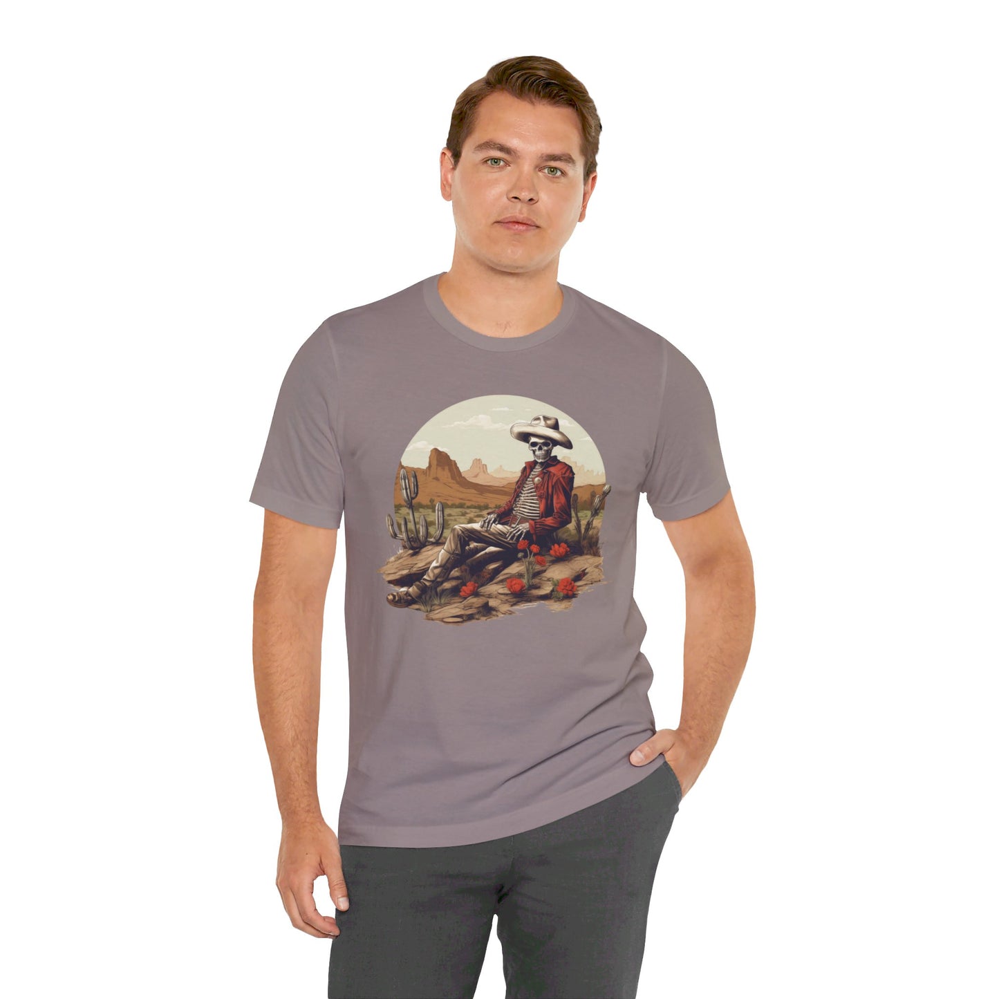 Skeleton Cowboy in Desert: Red Blazer Bella Canvas T-shirt